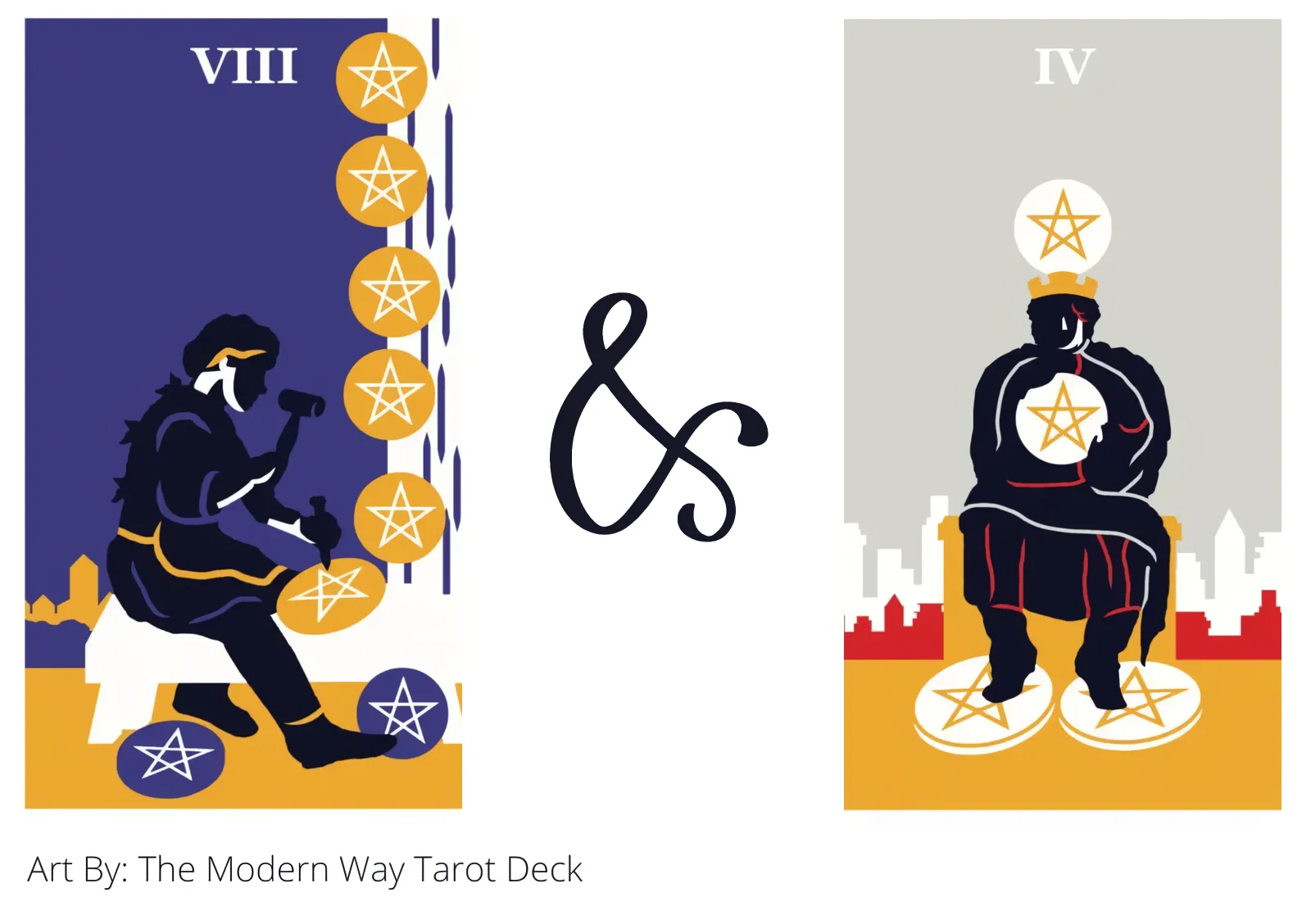 eight of pentacles and four of pentacles tarot cards together
