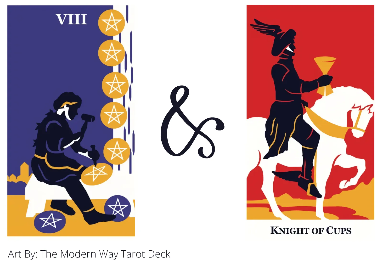 eight of pentacles and knight of cups tarot cards together