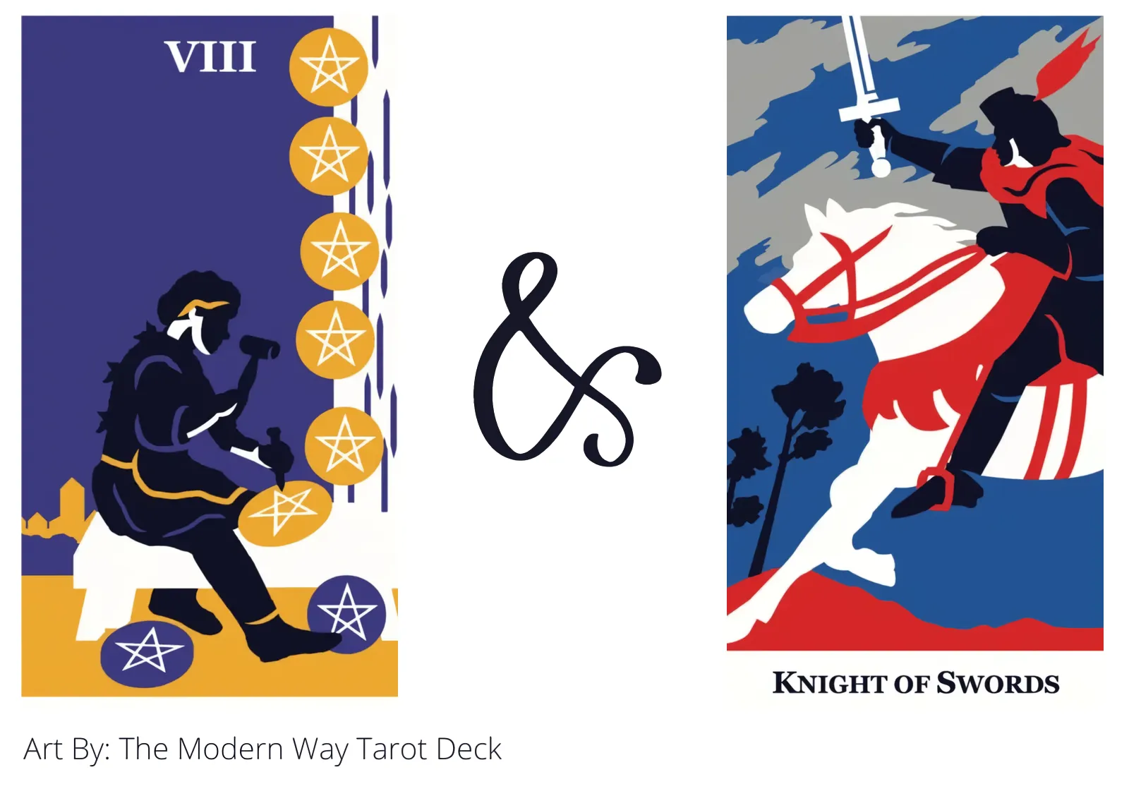 eight of pentacles and knight of swords tarot cards together