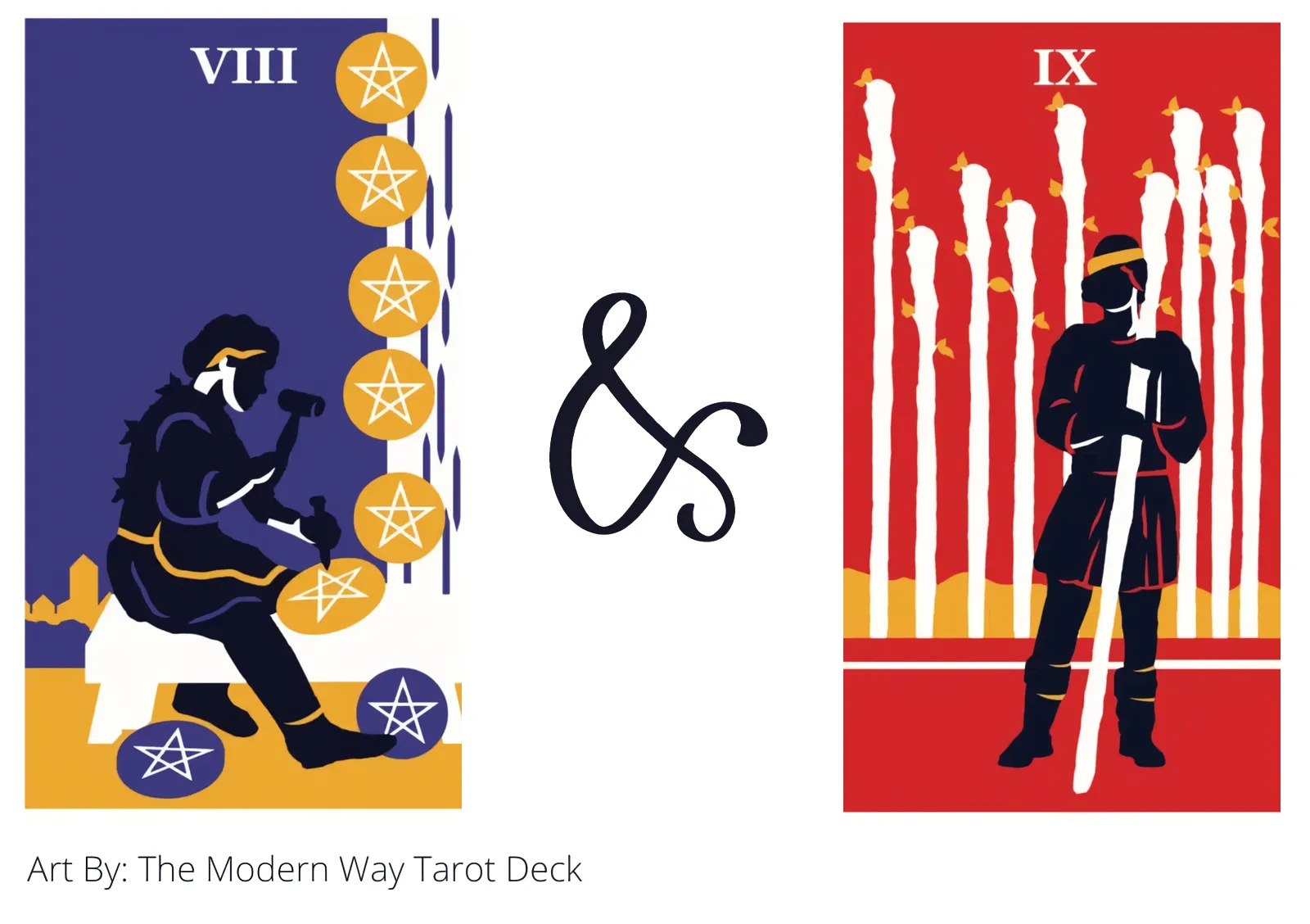 eight of pentacles and nine of wands tarot cards together