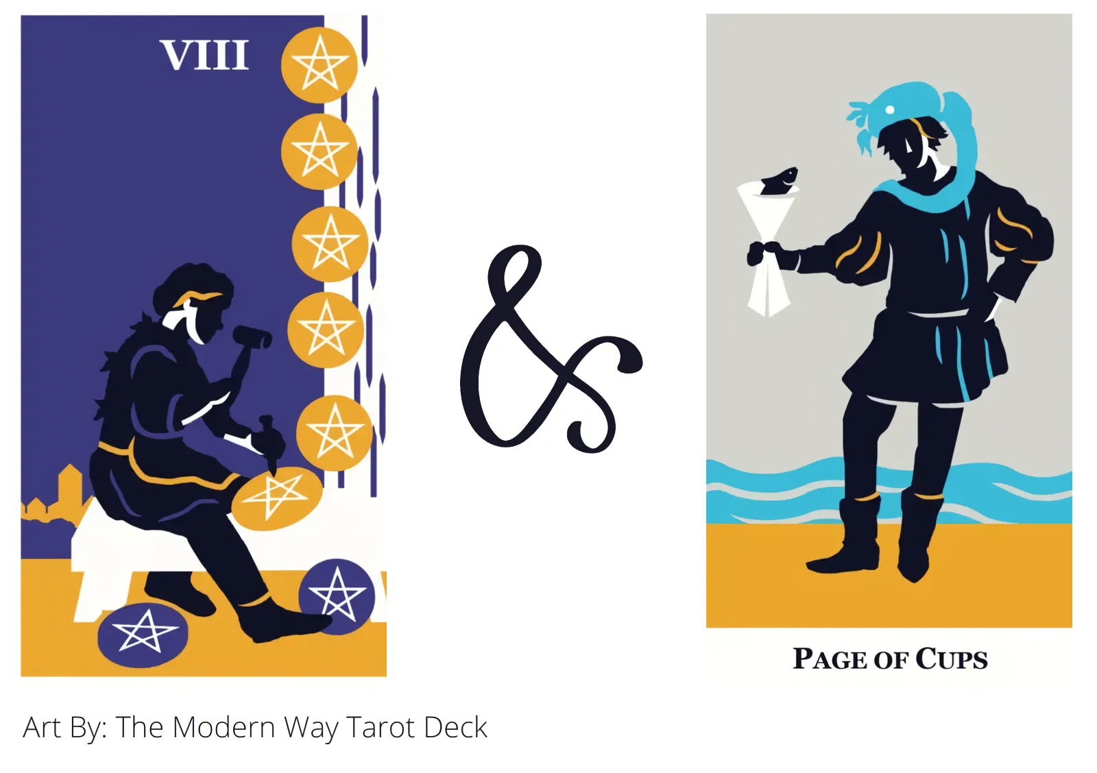 eight of pentacles and page of cups tarot cards together