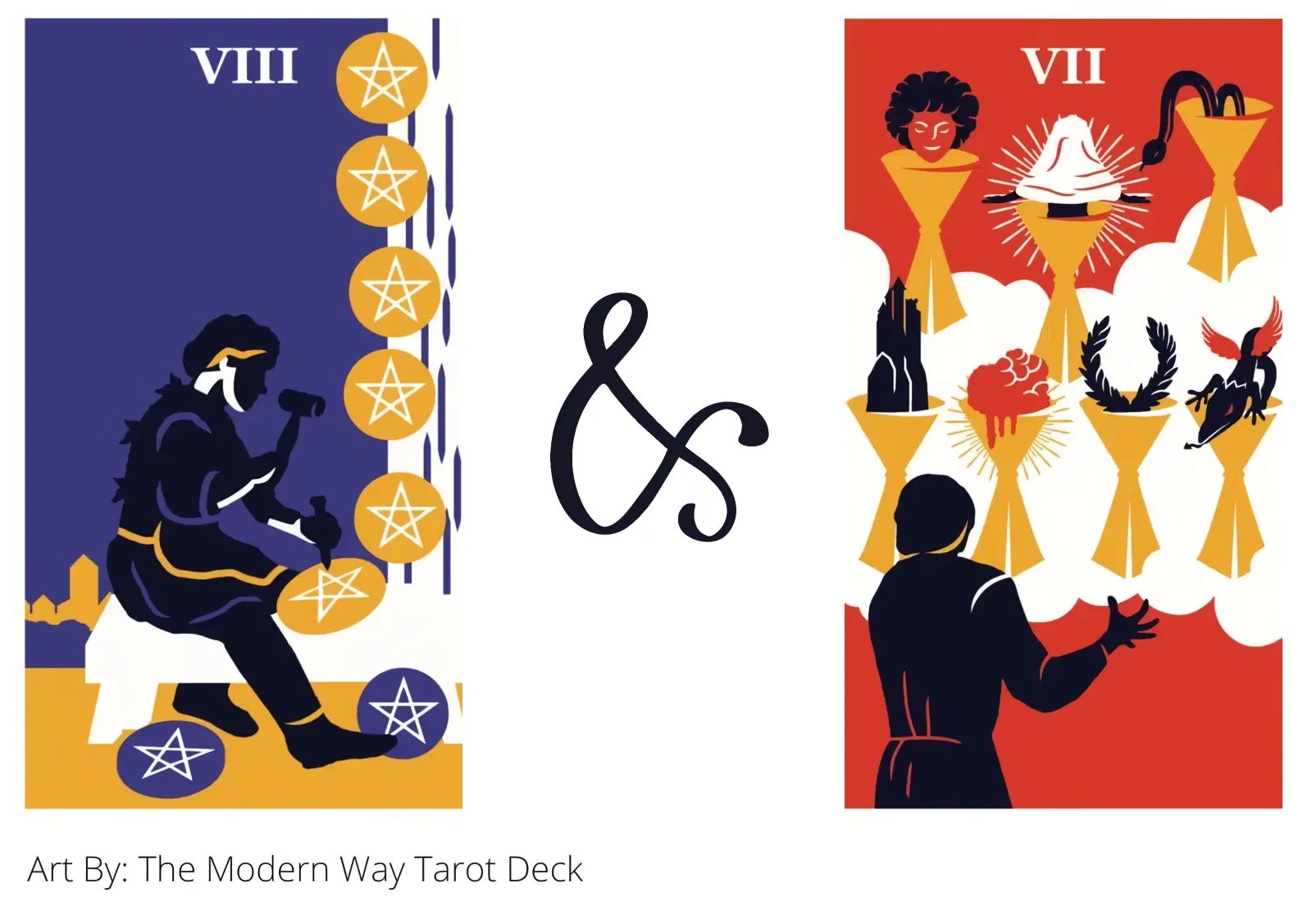 eight of pentacles and seven of cups tarot cards together