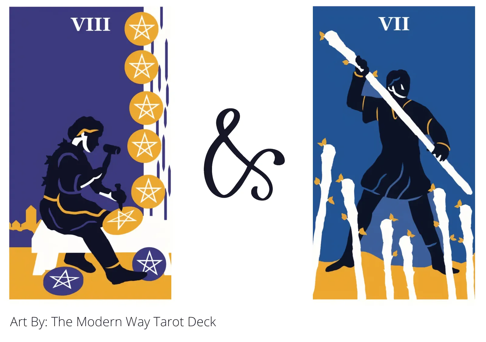 eight of pentacles and seven of wands tarot cards together