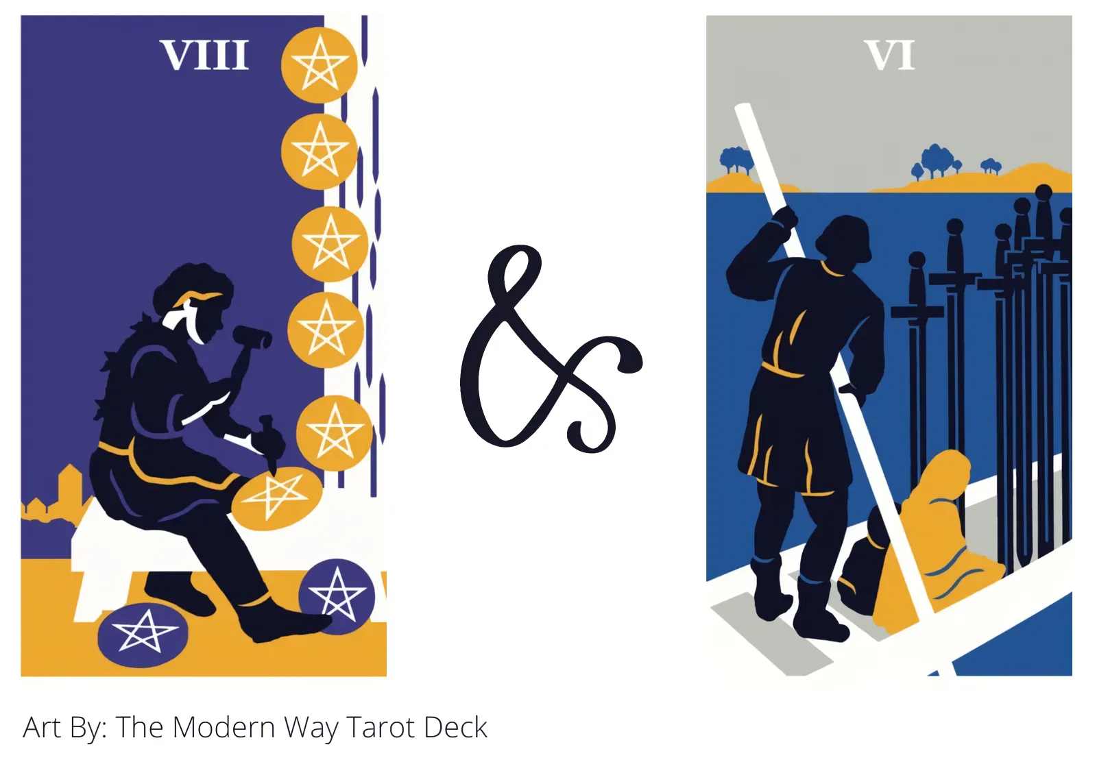 eight of pentacles and six of swords tarot cards together