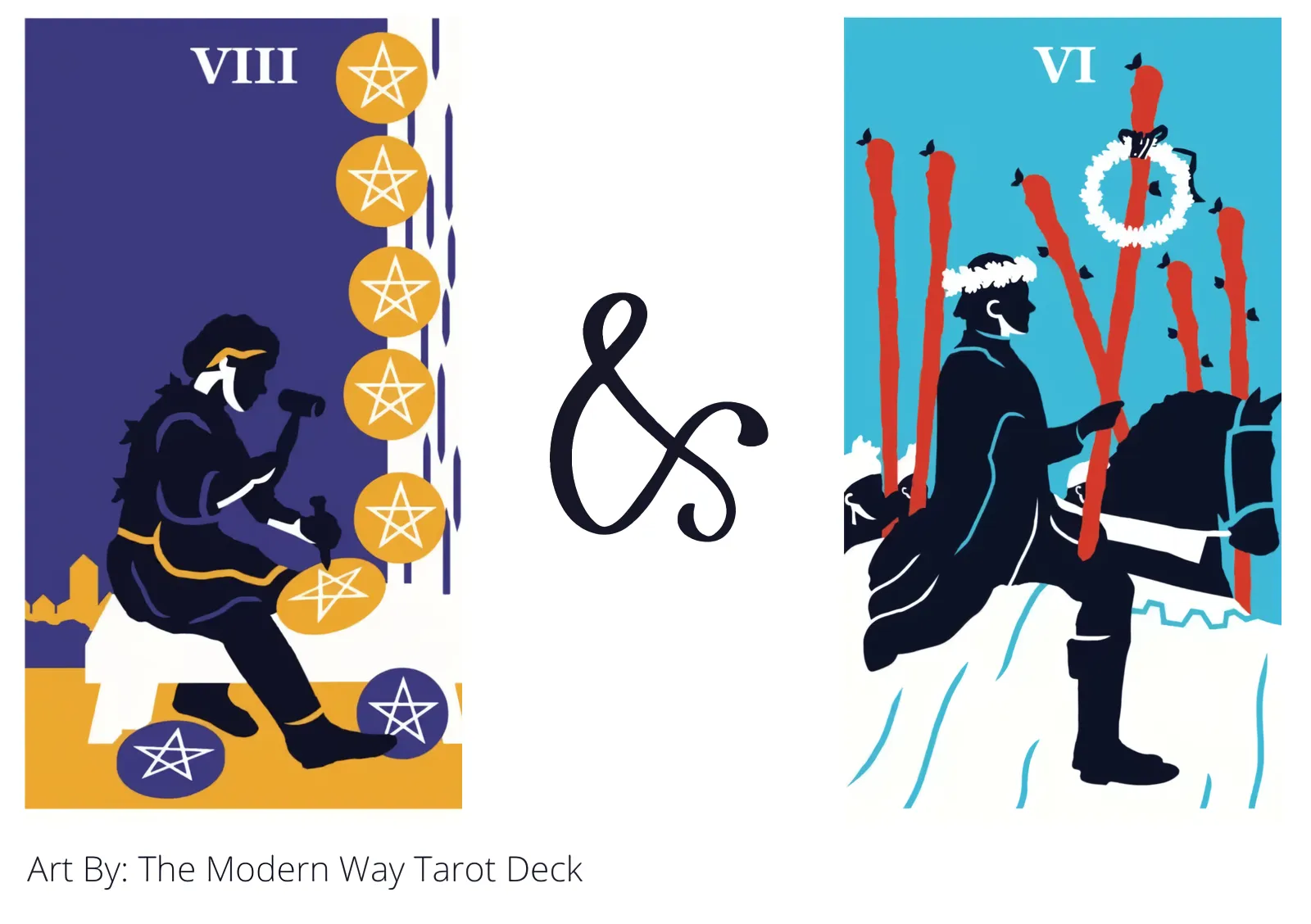 eight of pentacles and six of wands tarot cards together