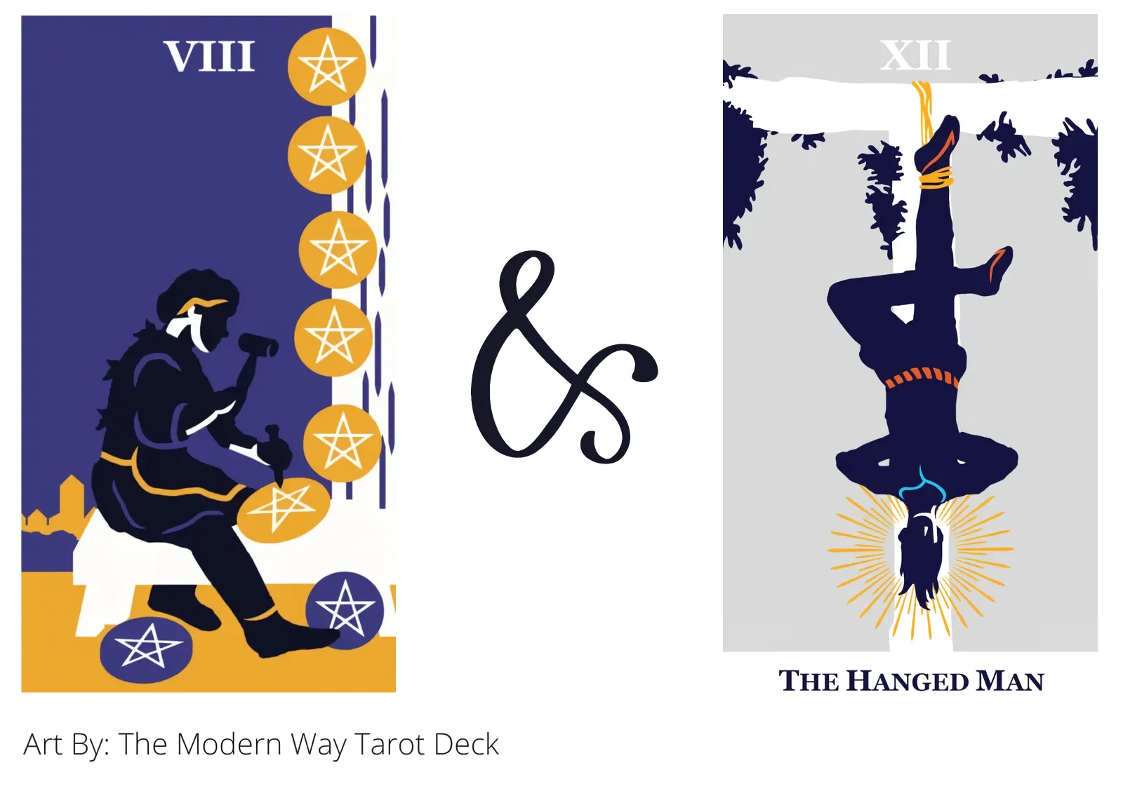 eight of pentacles and the hanged man tarot cards together
