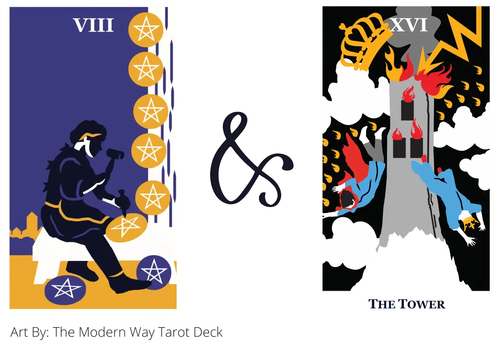 eight of pentacles and the tower tarot cards together