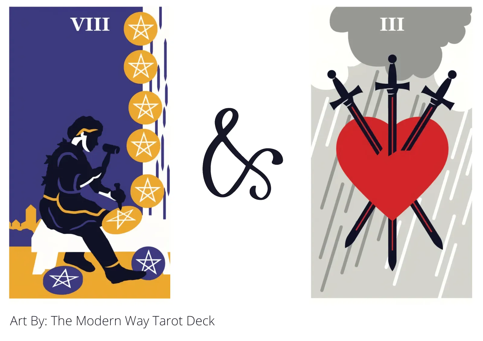 eight of pentacles and three of swords tarot cards together