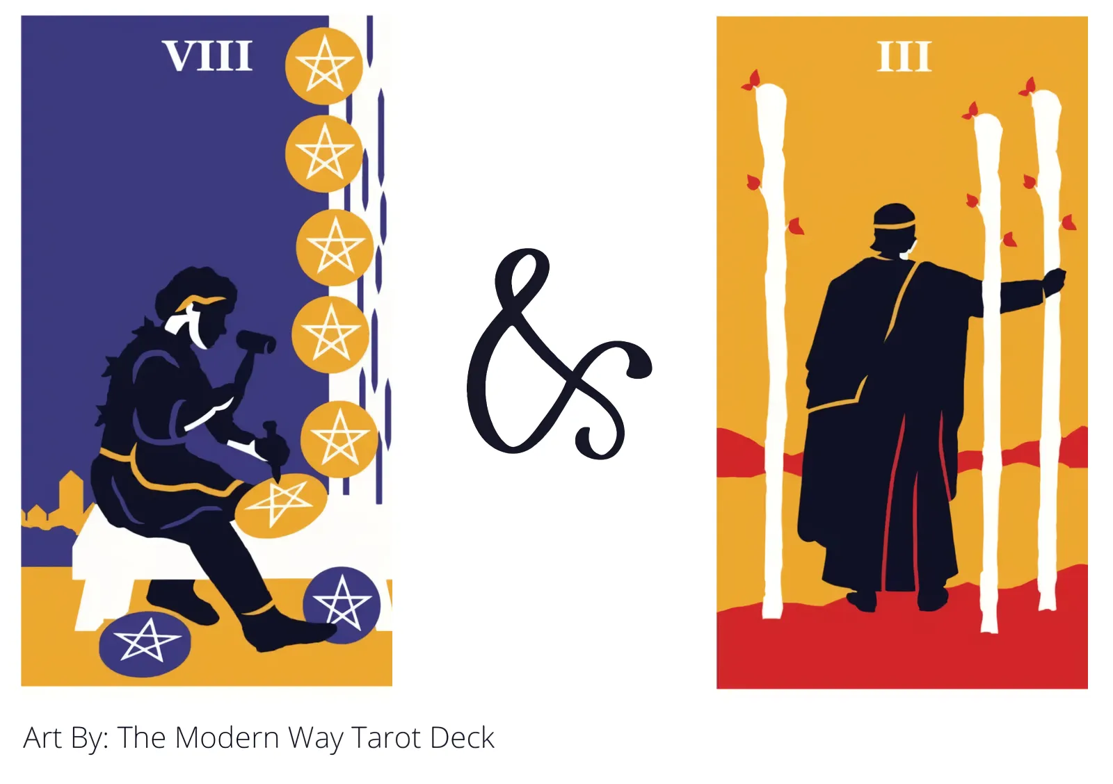 eight of pentacles and three of wands tarot cards together