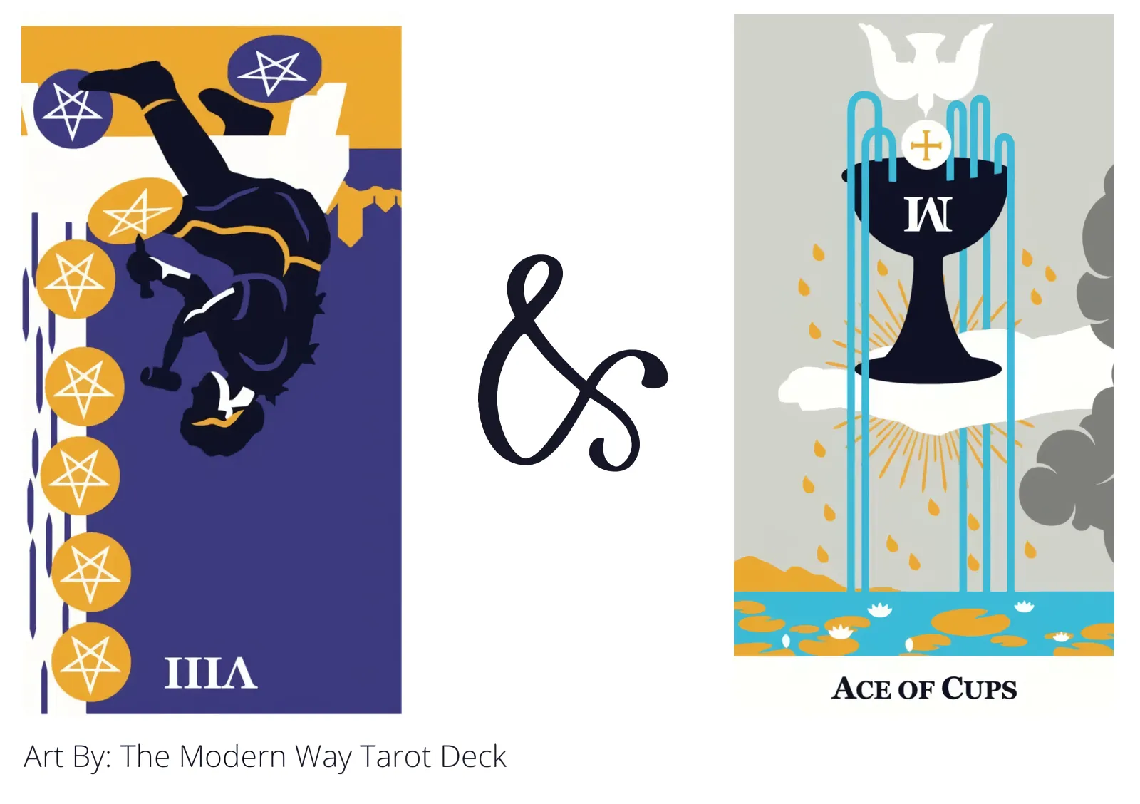 eight of pentacles reversed and ace of cups tarot cards together