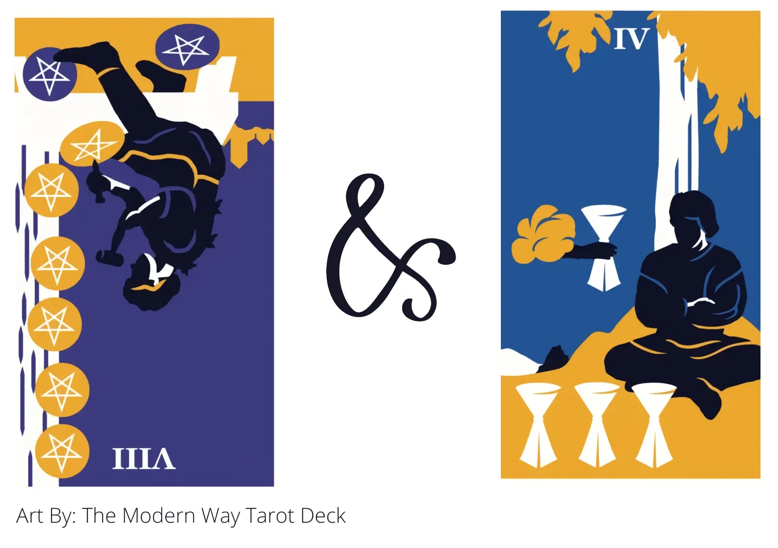 eight of pentacles reversed and four of cups tarot cards together
