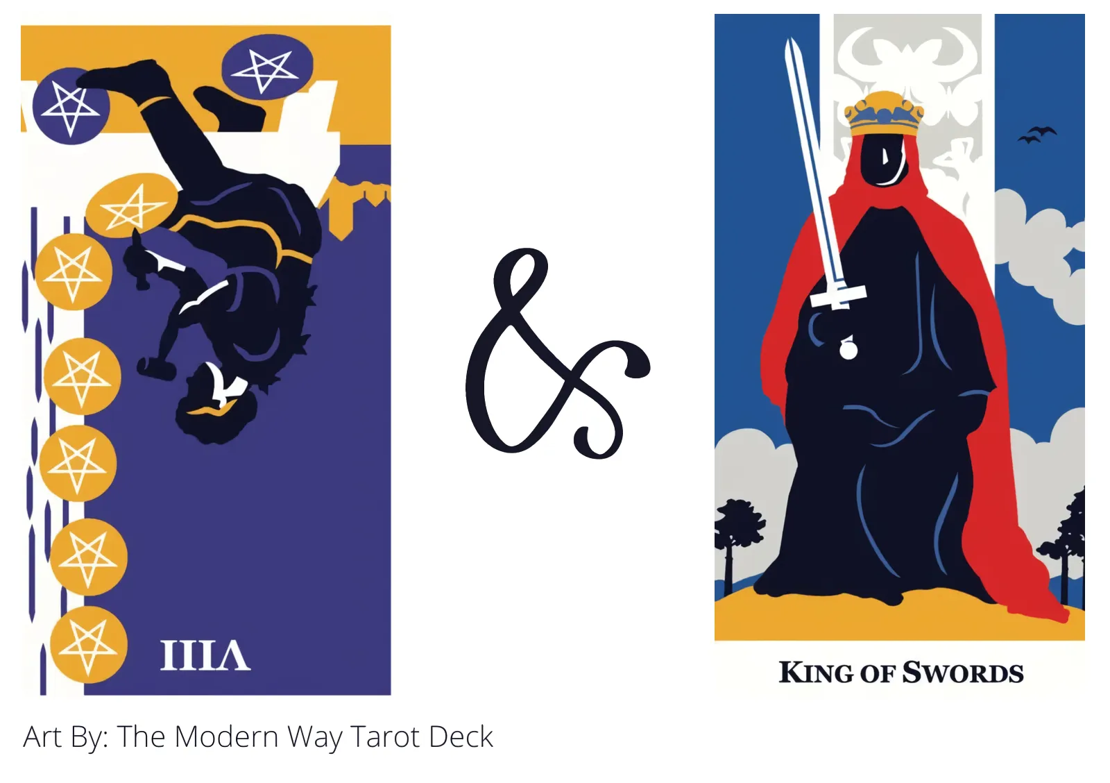 eight of pentacles reversed and king of swords tarot cards together