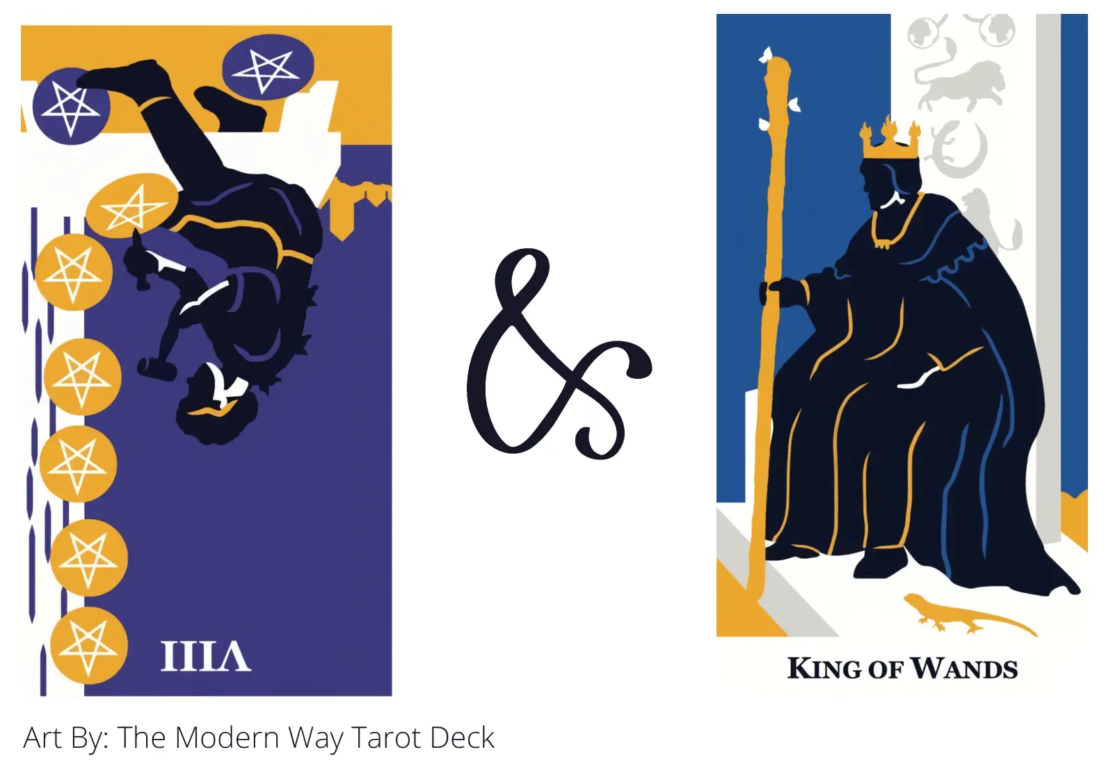 eight of pentacles reversed and king of wands tarot cards together