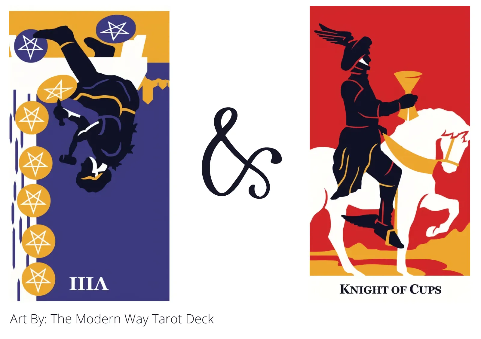 eight of pentacles reversed and knight of cups tarot cards together