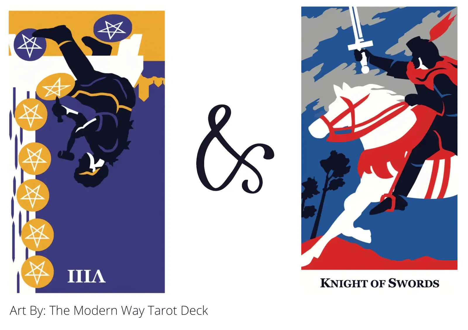 eight of pentacles reversed and knight of swords tarot cards together