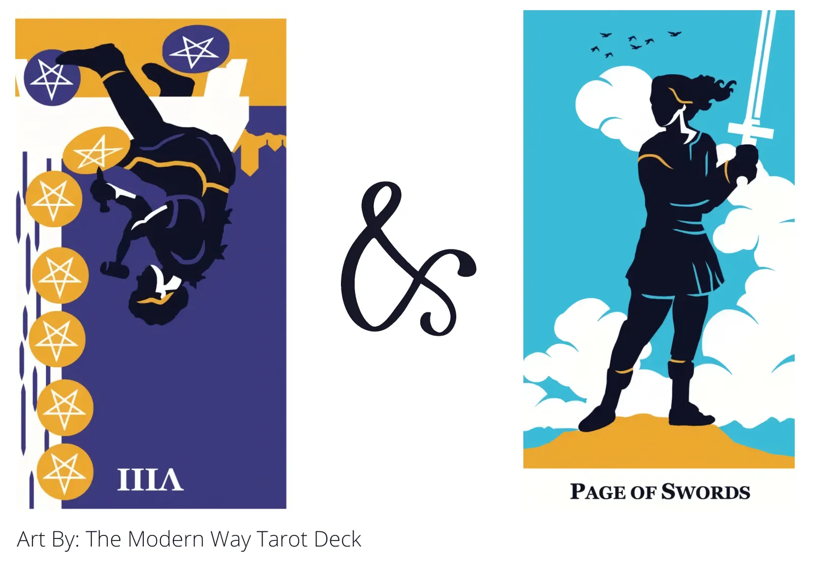 eight of pentacles reversed and page of swords tarot cards together