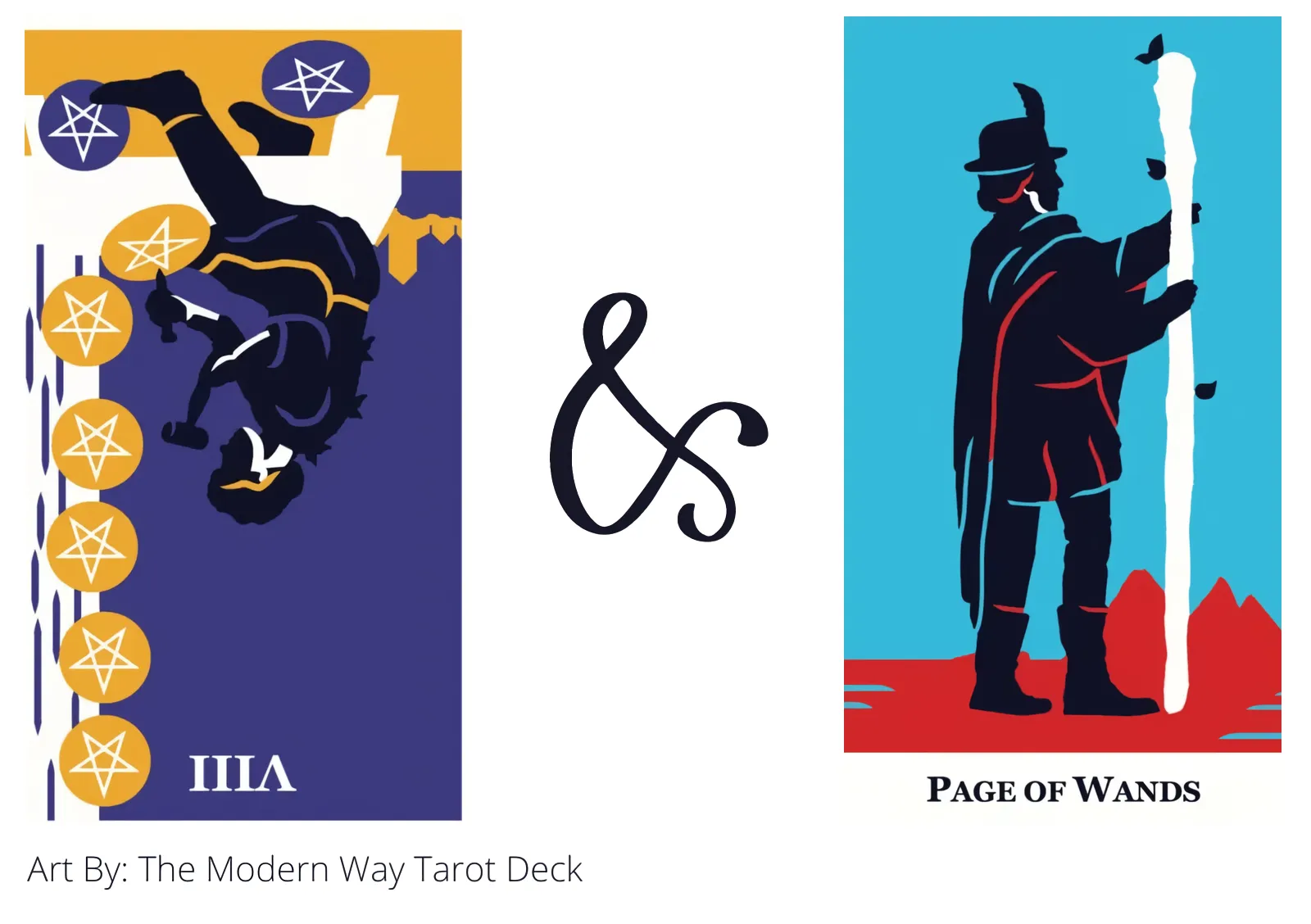 eight of pentacles reversed and page of wands tarot cards together