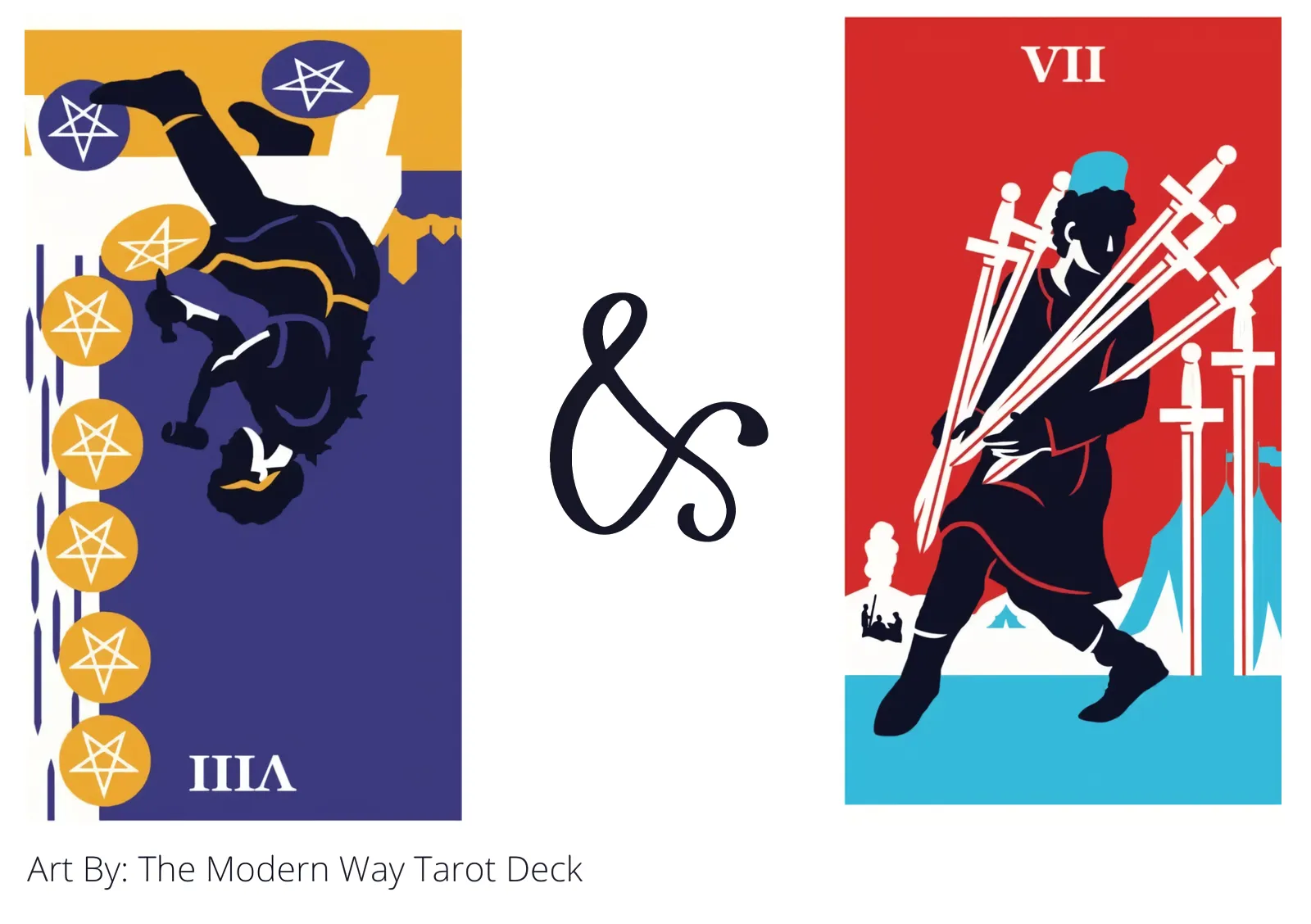 eight of pentacles reversed and seven of swords tarot cards together