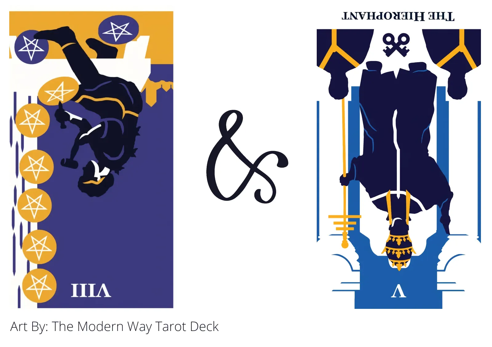 eight of pentacles reversed and the hierophant reversed tarot cards together