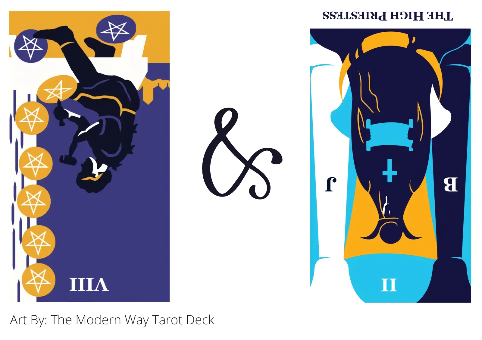 eight of pentacles reversed and the high priestess reversed tarot cards together