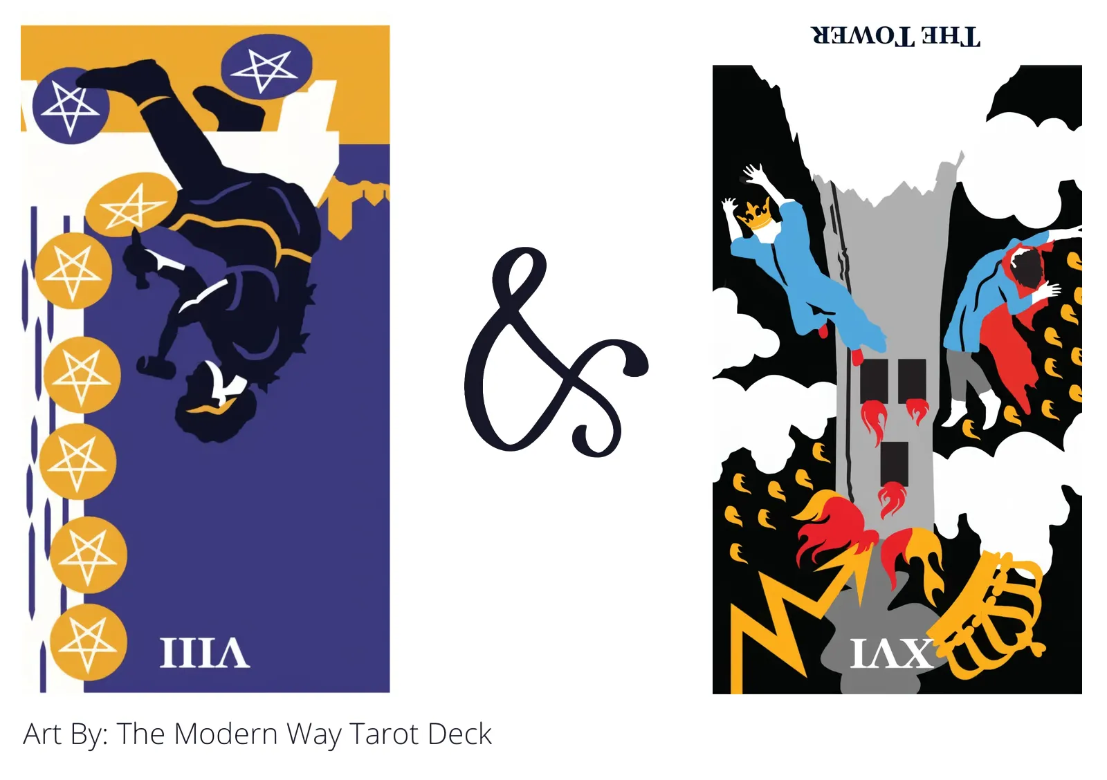 eight of pentacles reversed and the tower reversed tarot cards together