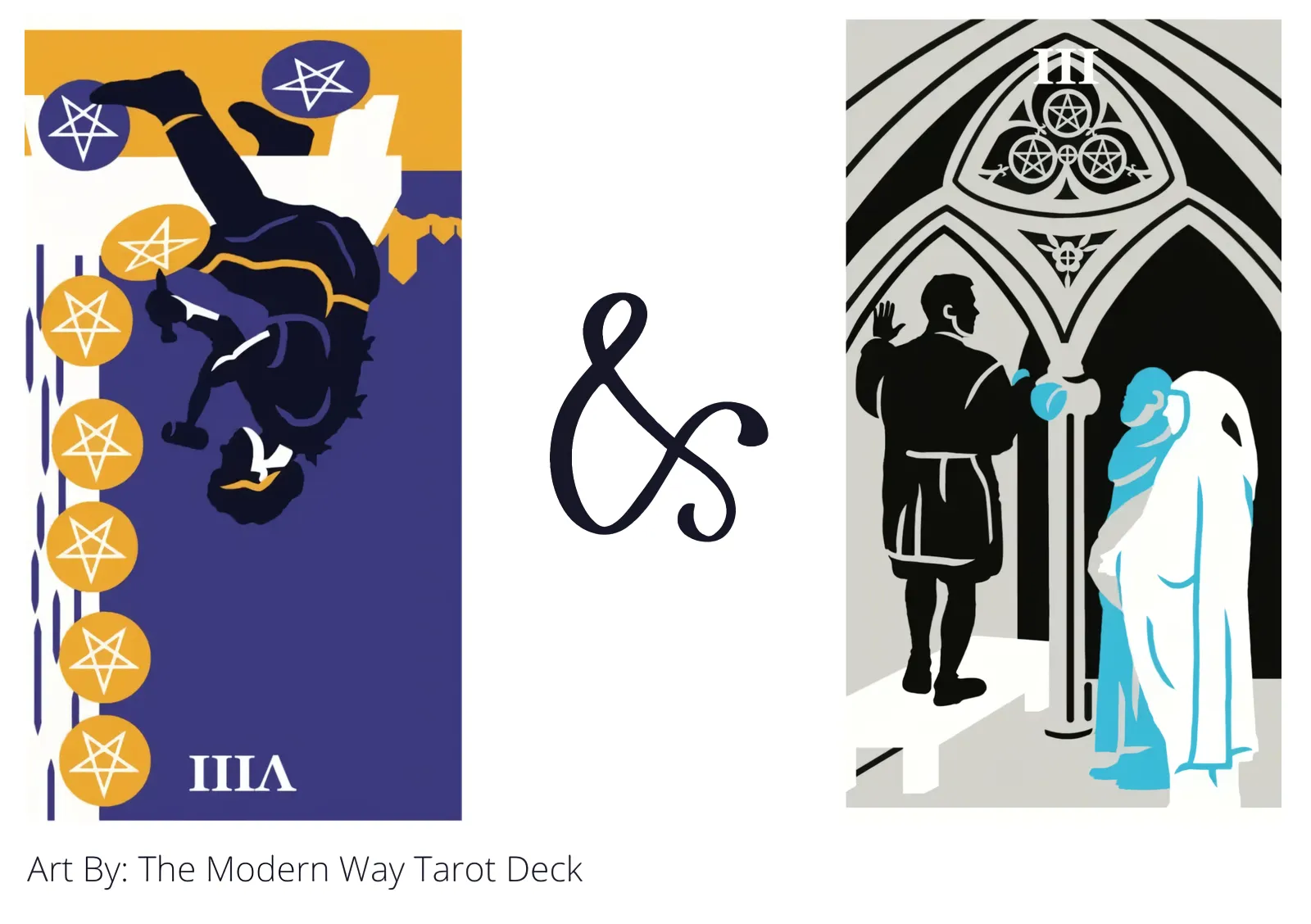 eight of pentacles reversed and three of pentacles tarot cards together