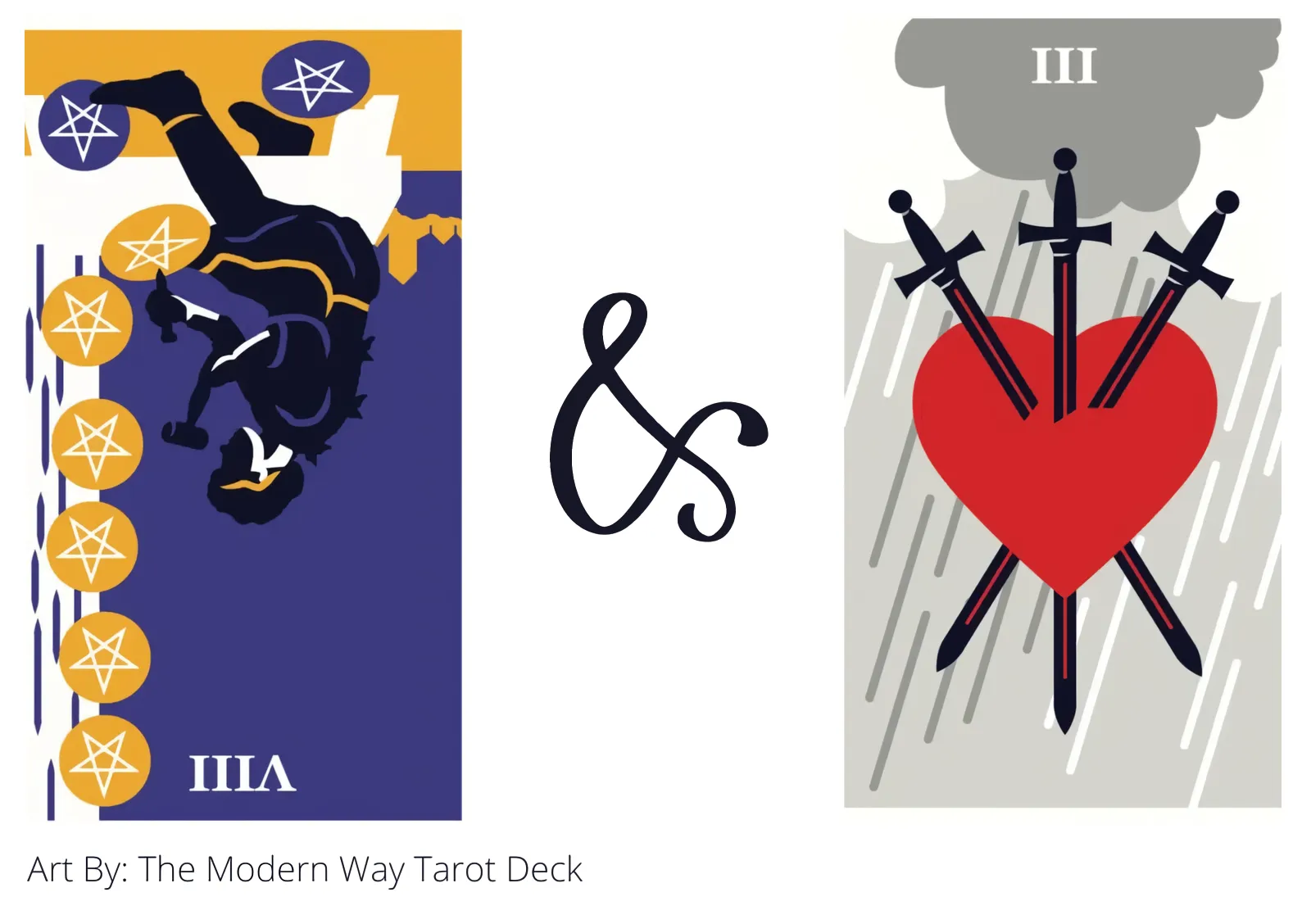 eight of pentacles reversed and three of swords tarot cards together
