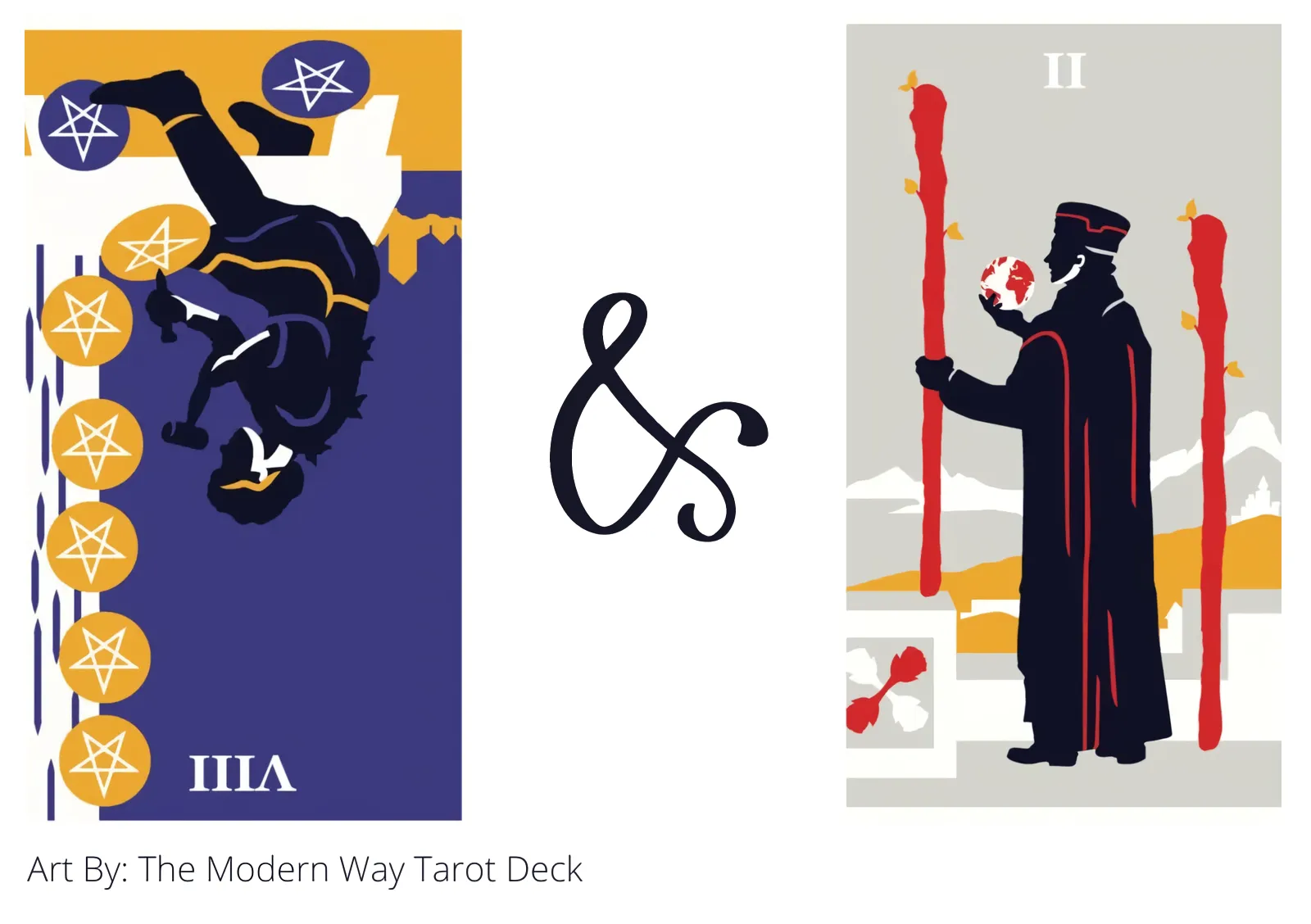 eight of pentacles reversed and two of wands tarot cards together