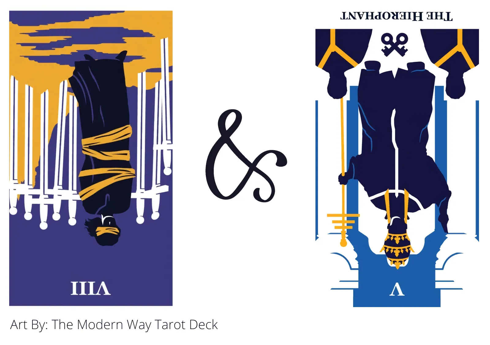 eight of swords reversed and the hierophant reversed tarot cards together