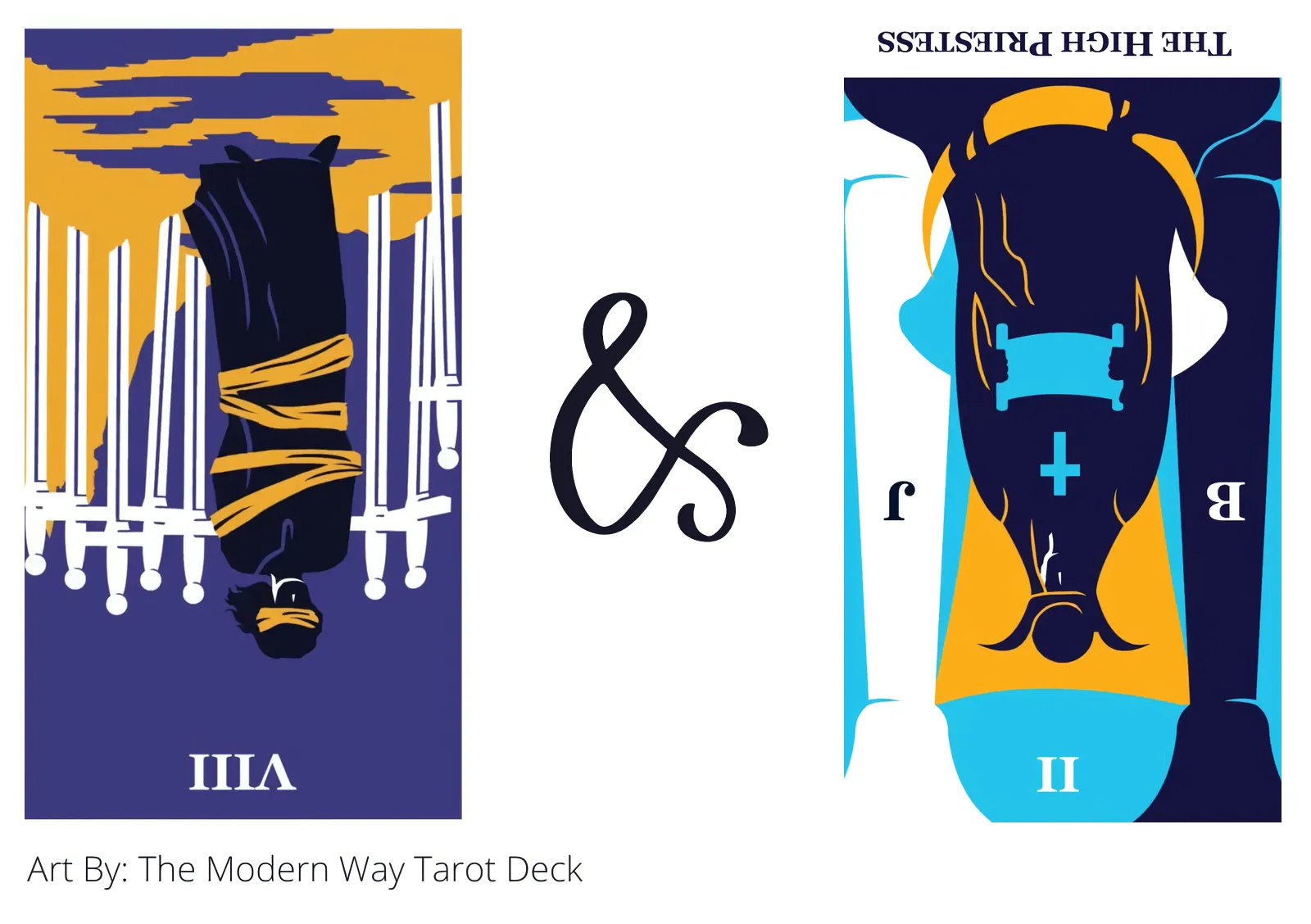 eight of swords reversed and the high priestess reversed tarot cards together