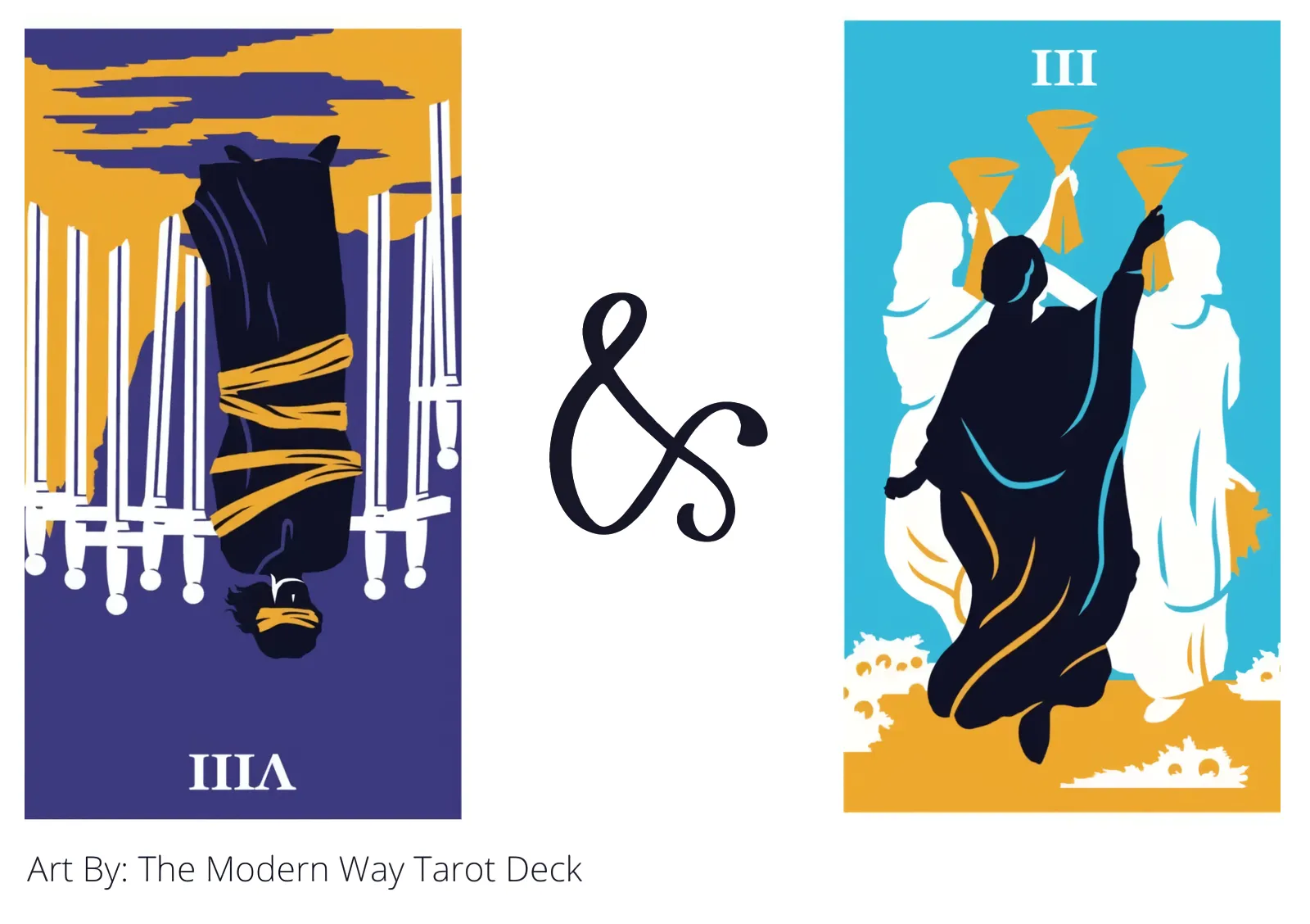 eight of swords reversed and three of cups tarot cards together