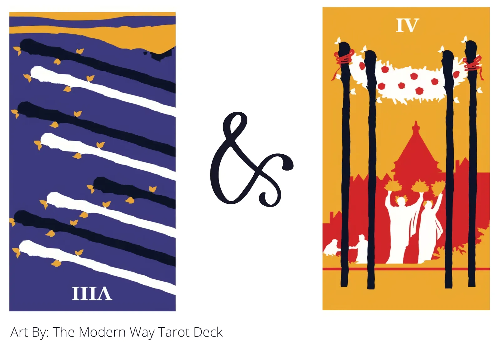 eight of wands reversed and four of wands tarot cards together