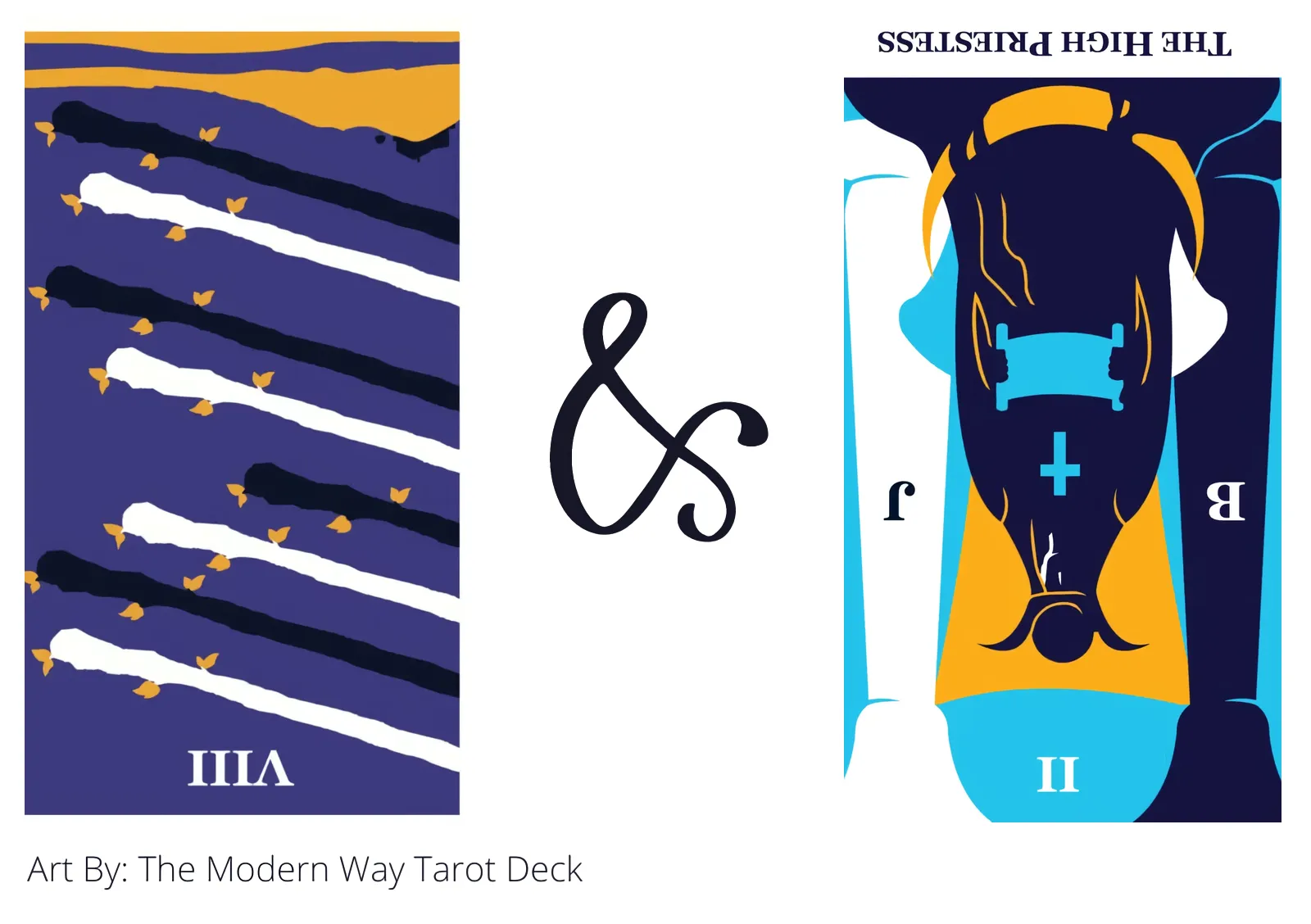 eight of wands reversed and the high priestess reversed tarot cards together