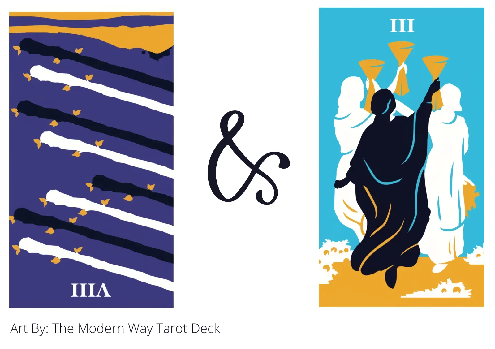 eight of wands reversed and three of cups tarot cards together