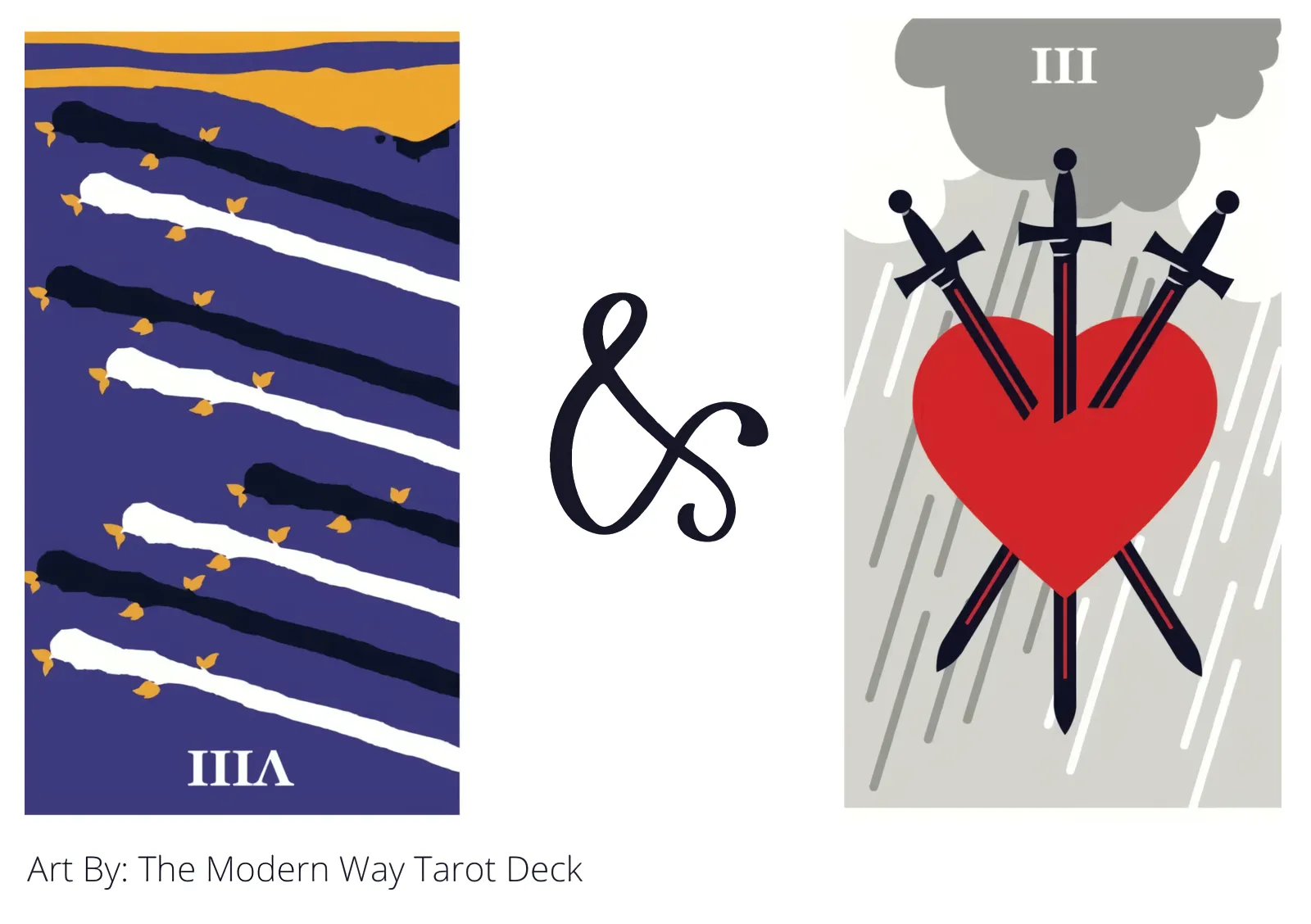 eight of wands reversed and three of swords tarot cards together
