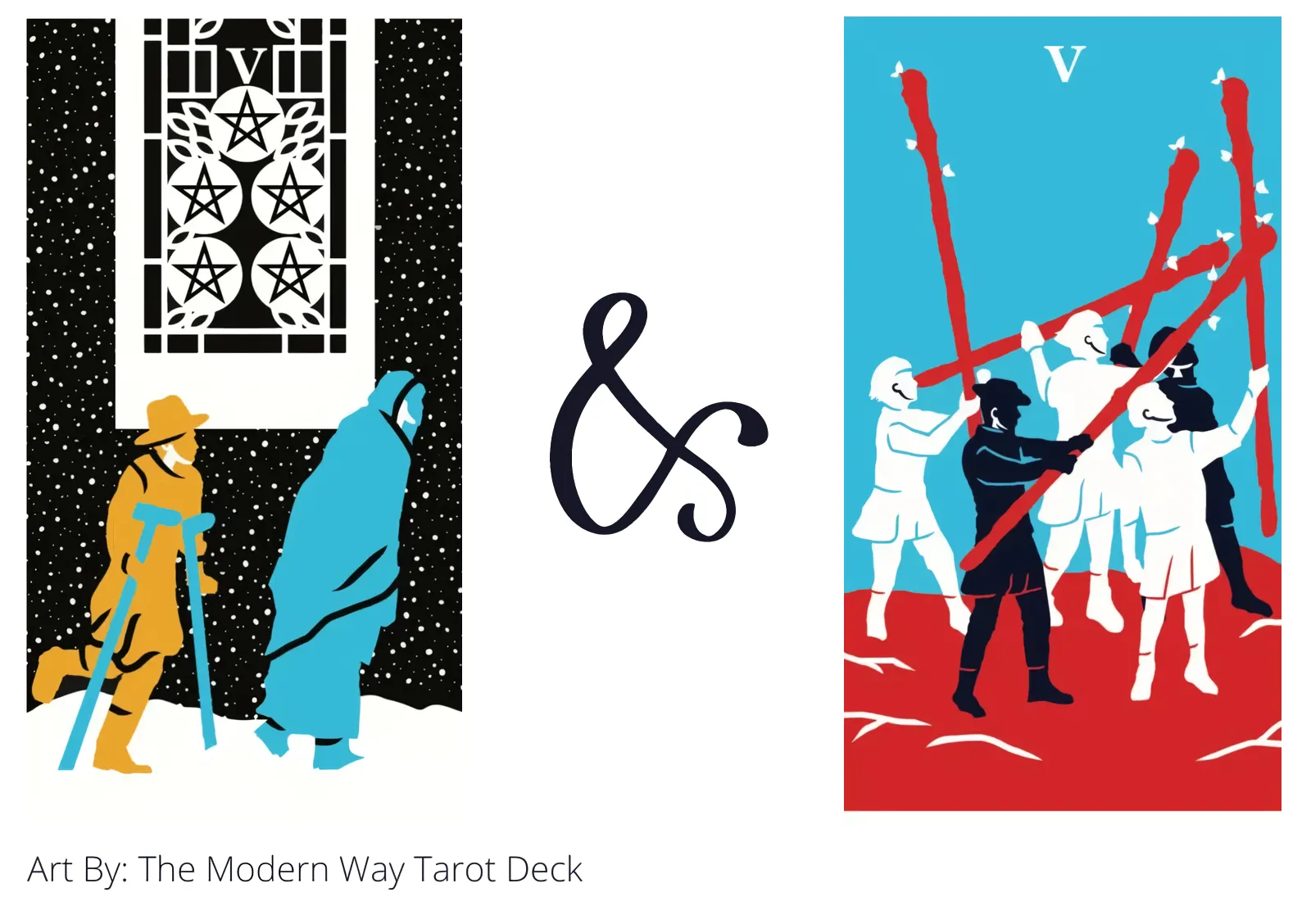 five of pentacles and five of wands tarot cards together