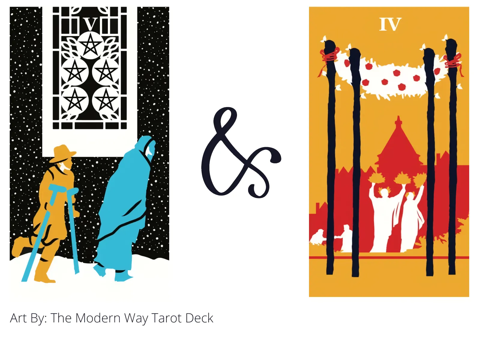 five of pentacles and four of wands tarot cards together