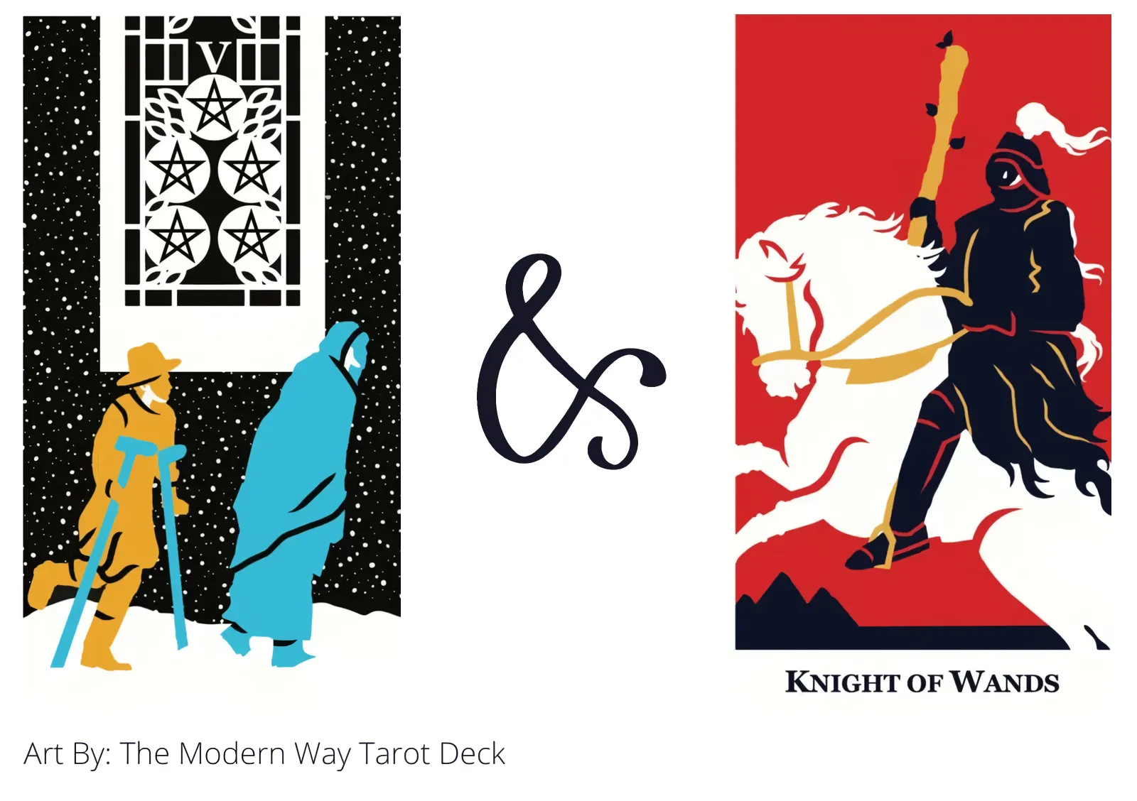 five of pentacles and knight of wands tarot cards together