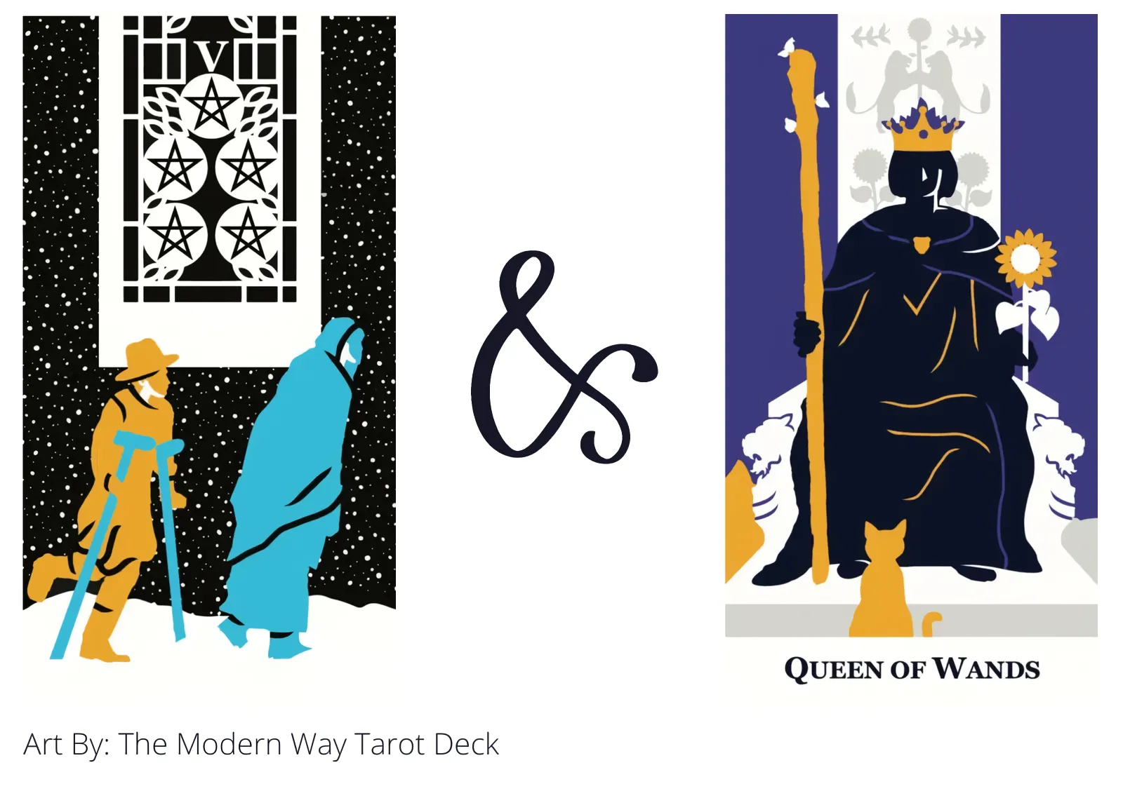 five of pentacles and queen of wands tarot cards together