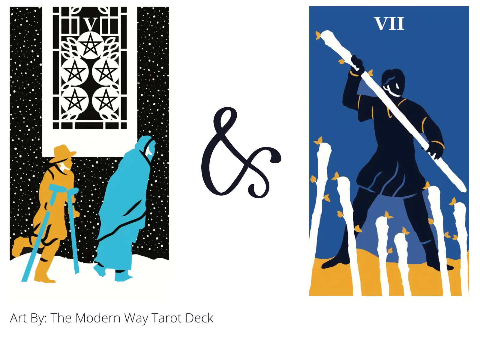 five of pentacles and seven of wands tarot cards together