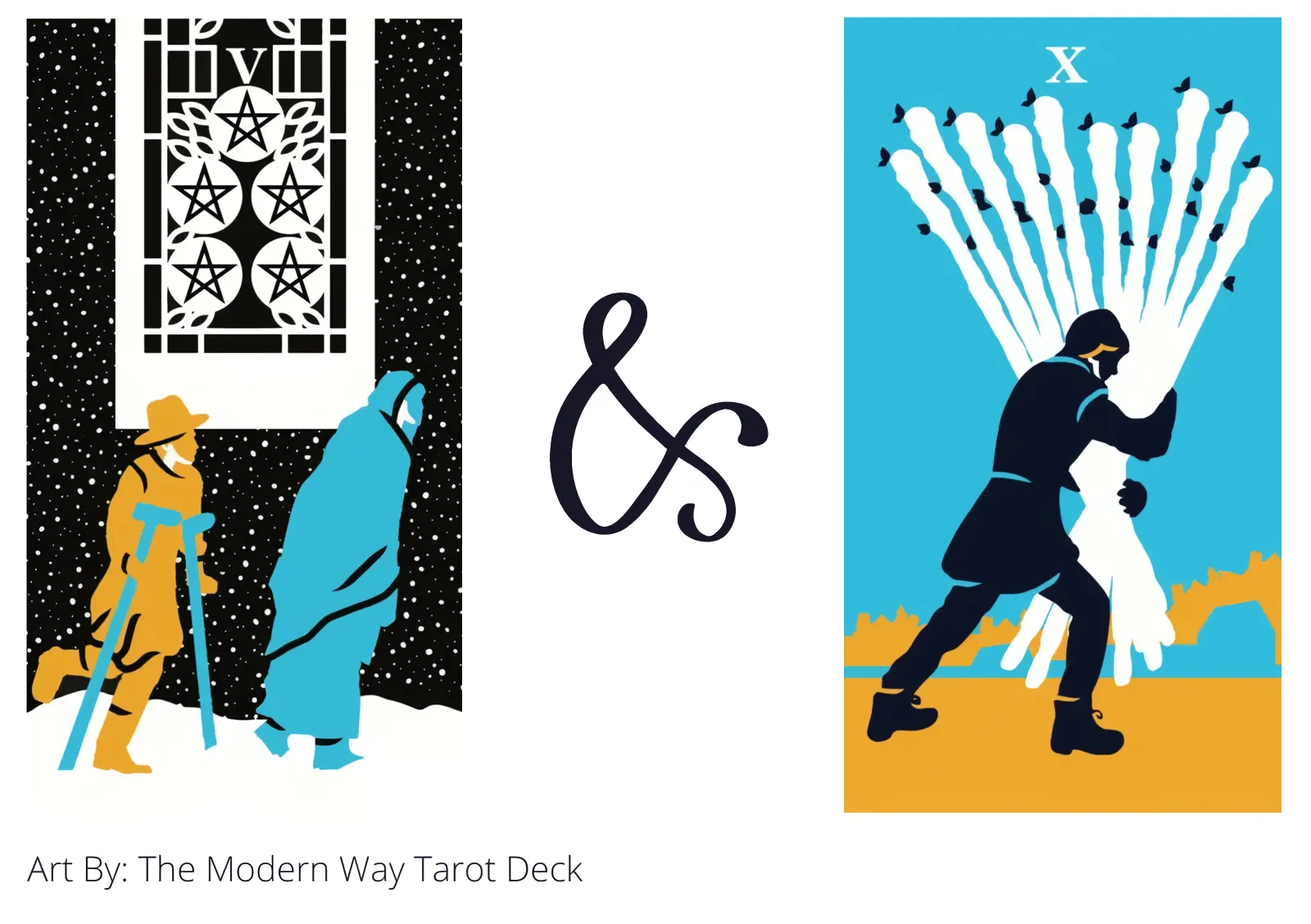 five of pentacles and ten of wands tarot cards together