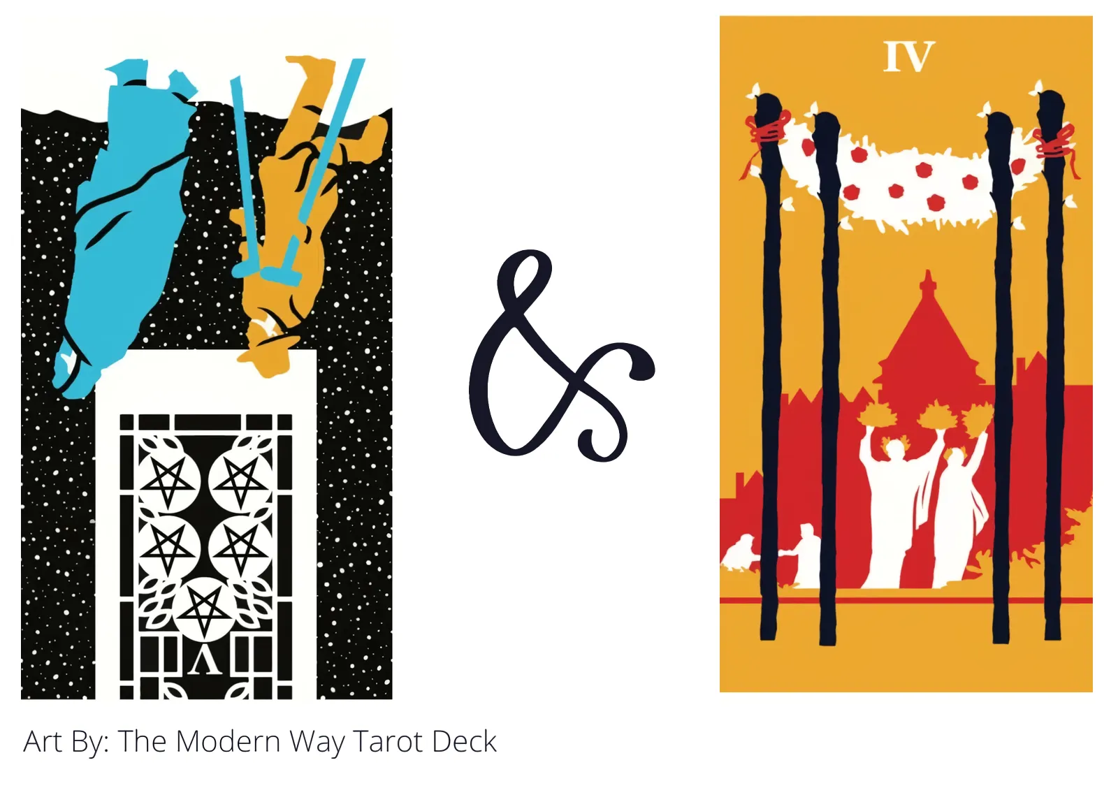 five of pentacles reversed and four of wands tarot cards together