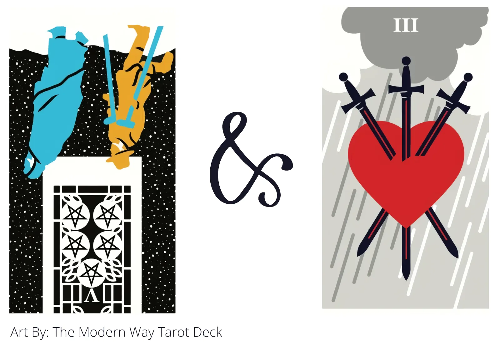 five of pentacles reversed and three of swords tarot cards together