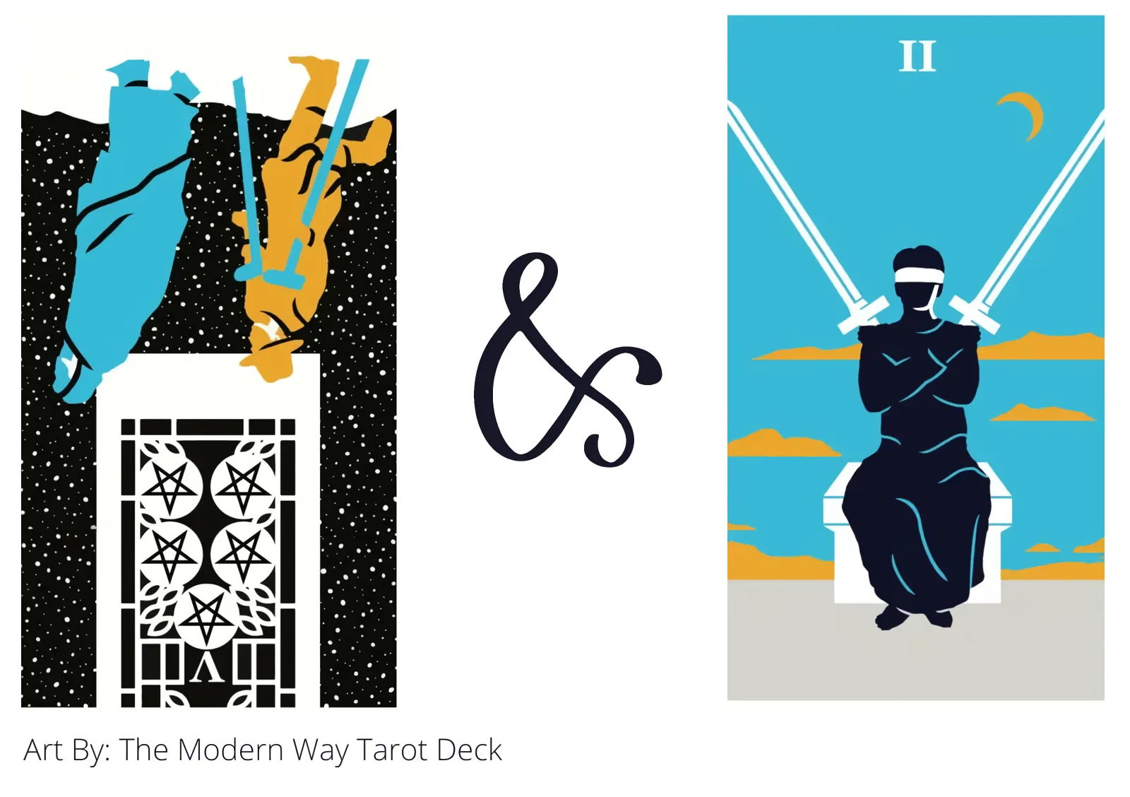 five of pentacles reversed and two of swords tarot cards together