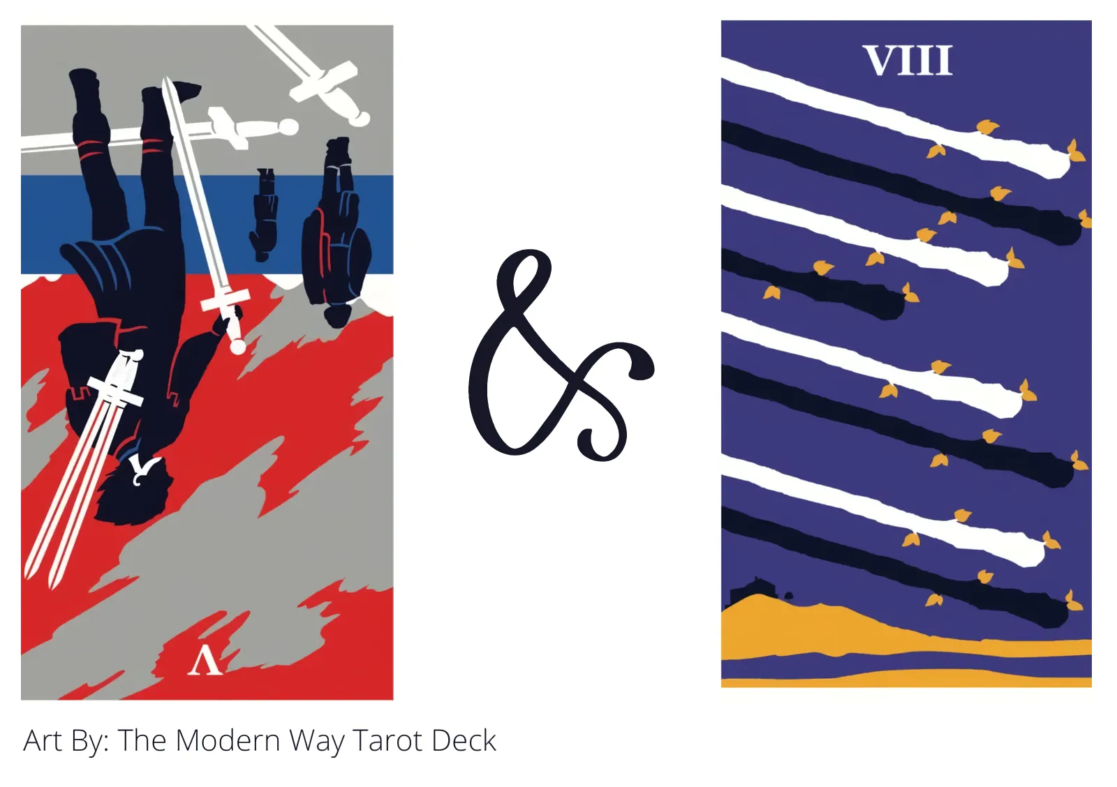 five of swords reversed and eight of wands tarot cards together