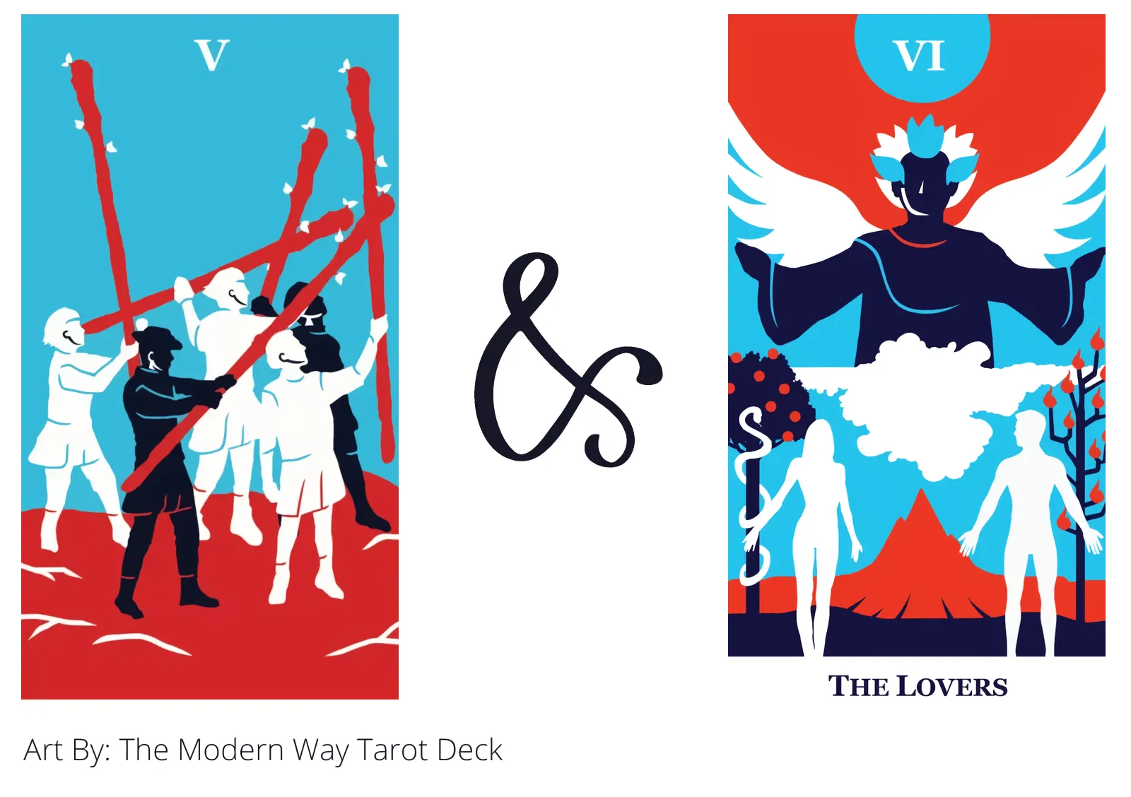 five of wands and the lovers tarot cards together