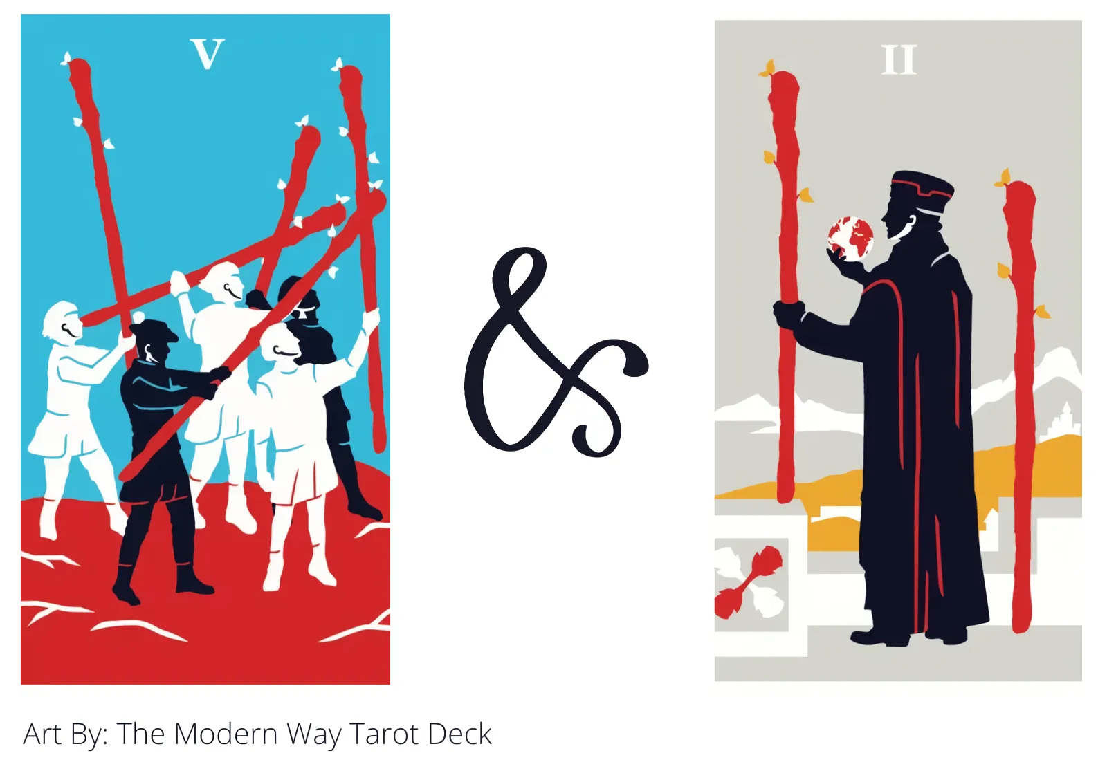 five of wands and two of wands tarot cards together