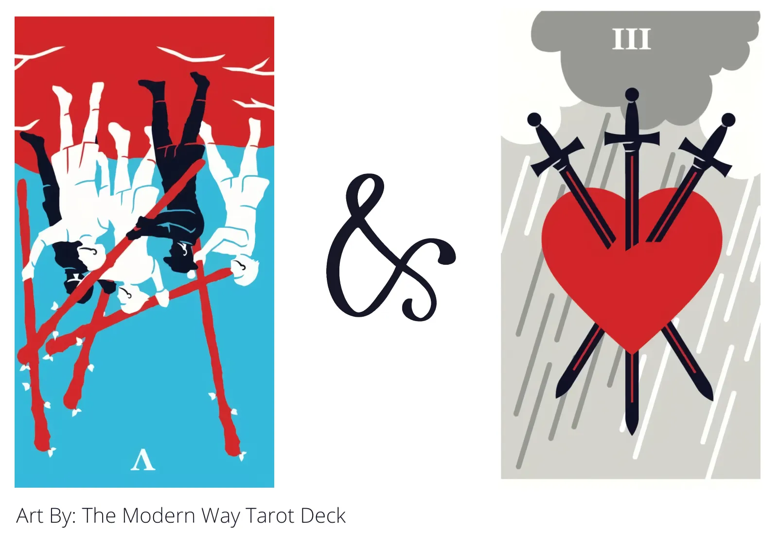 five of wands reversed and three of swords tarot cards together