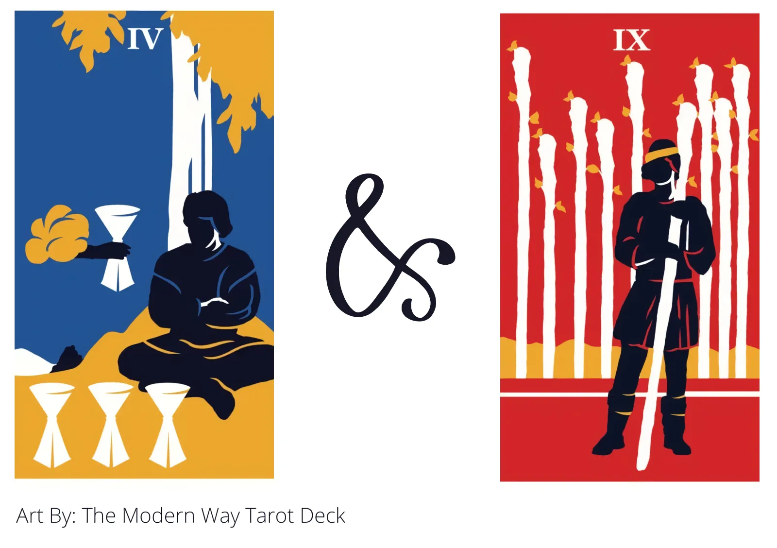 four of cups and nine of wands tarot cards together