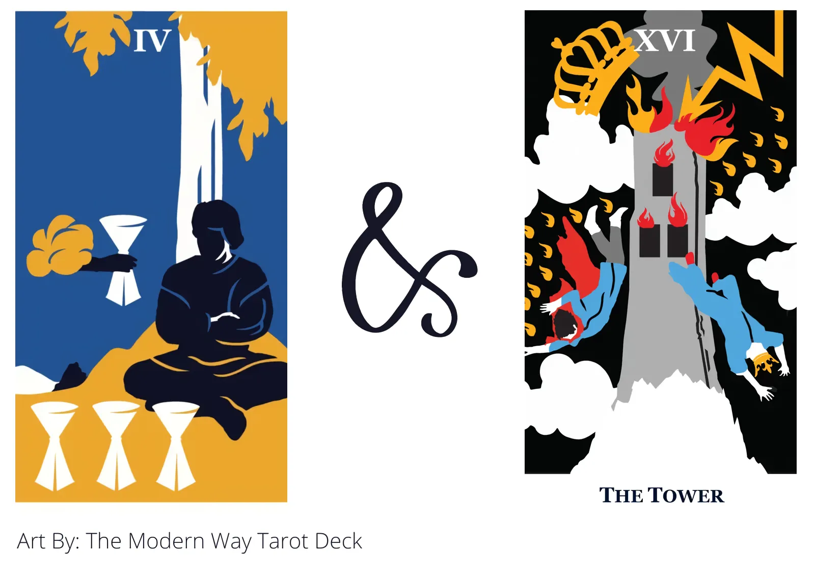 four of cups and the tower tarot cards together